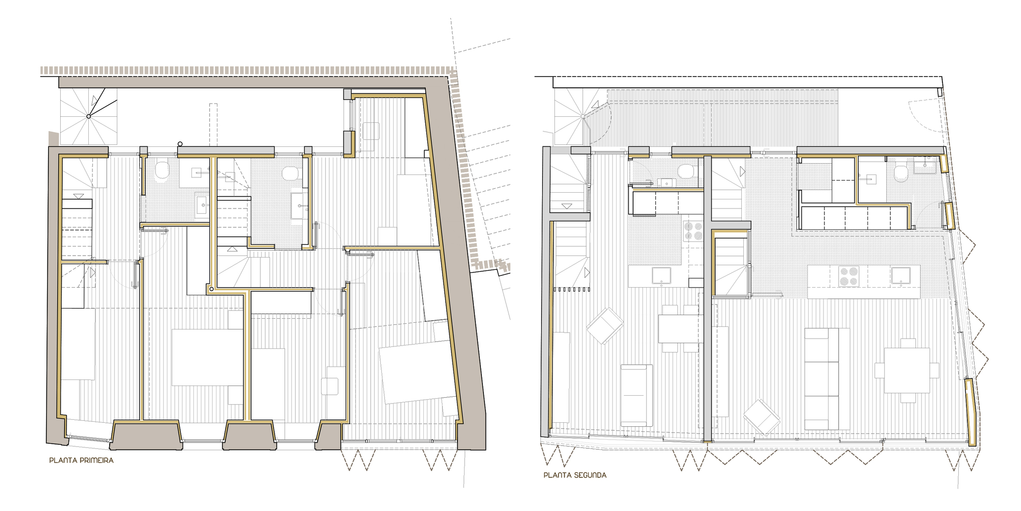 Floor plan drawings showing two levels with irregular perimeter walls and interior room divisions