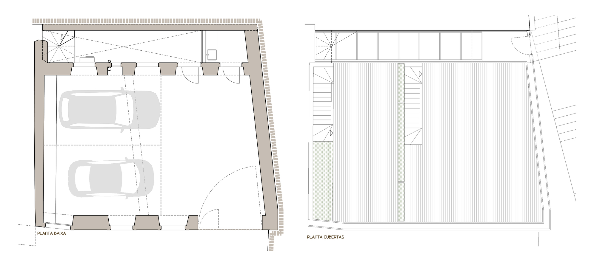 Floor plan drawings of lower level parking garage and upper terrace with stair access