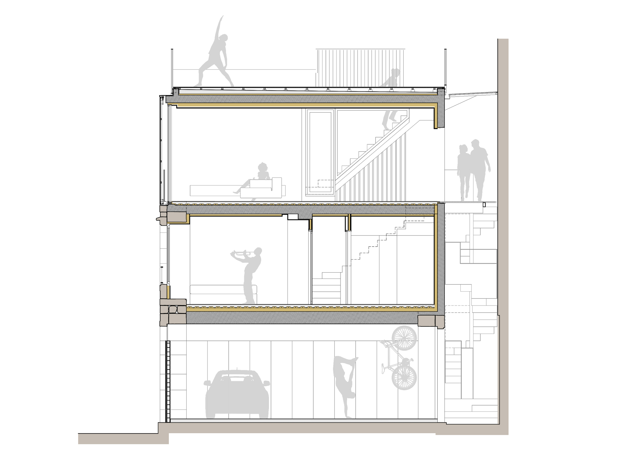 Building section drawing showing four stacked levels with figures indicating scale and spatial relationships