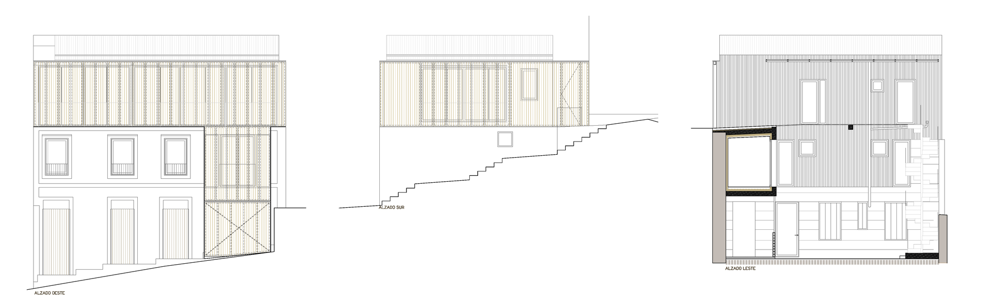 Elevation and section drawings showing timber-clad facade with fenestration pattern and sloping adjacent terrain