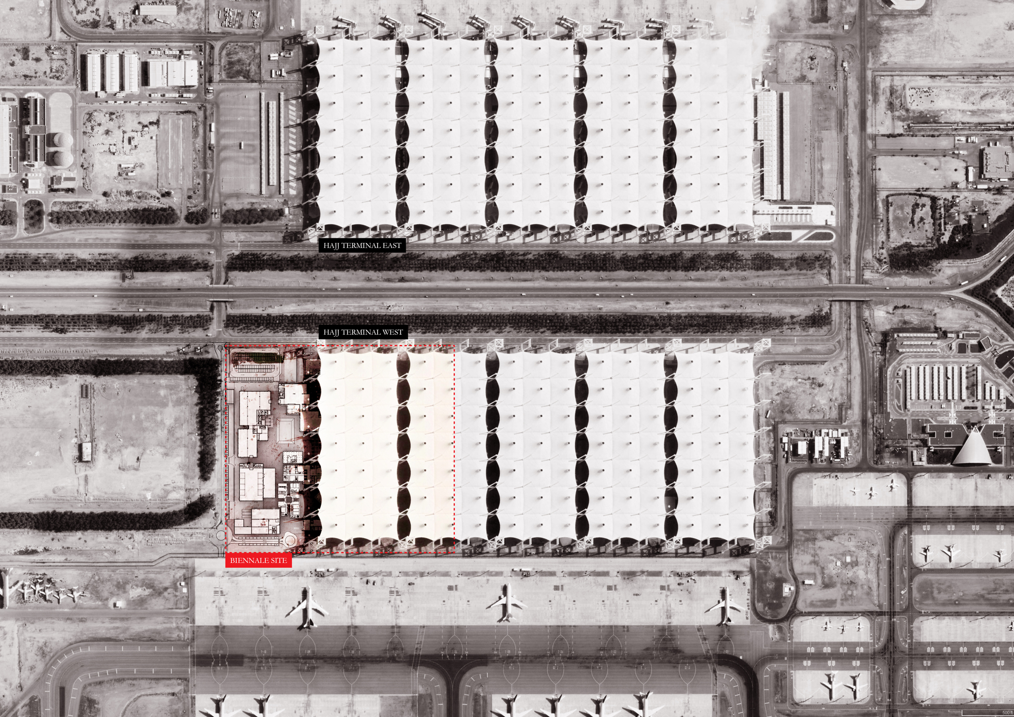 Aerial view showing two parallel courtyard buildings separated by a roadway and pedestrian plaza