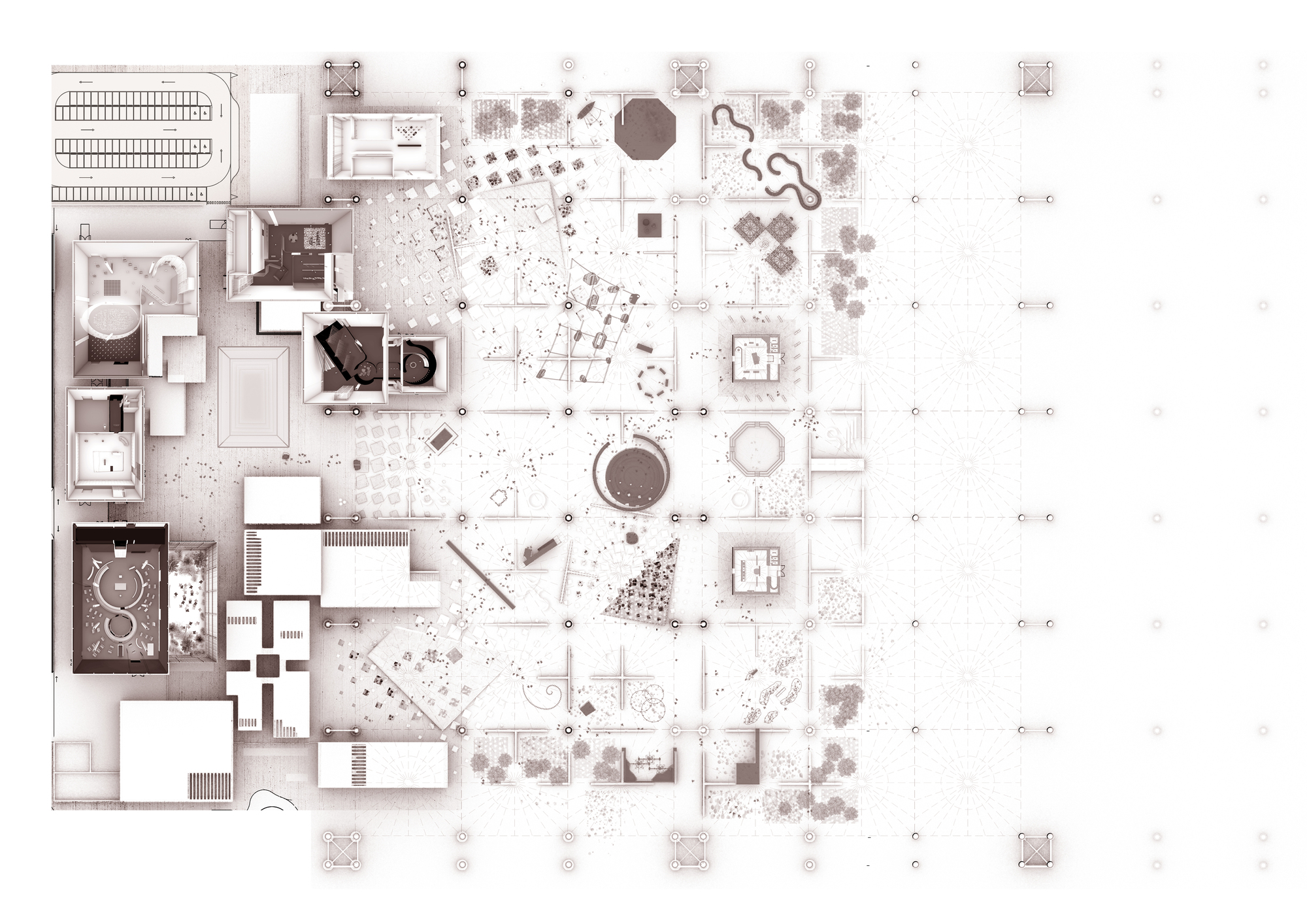 Floor plan drawing depicting gallery spaces, courtyards, and circulation paths in muted tones