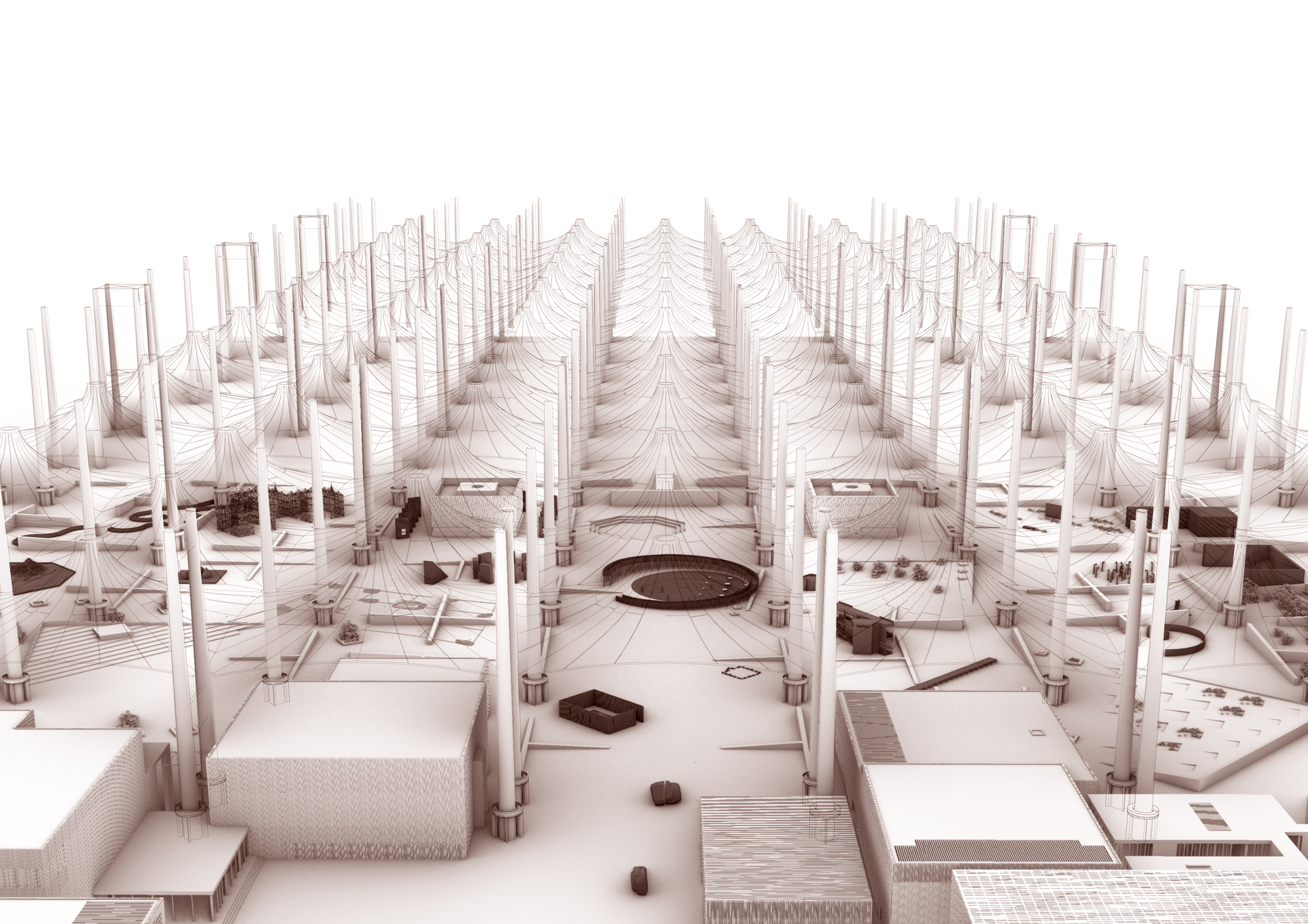 This architectural image presents a conceptual design in a wireframe style, showcasing a futuristic urban landscape. The design features a grid of columns with