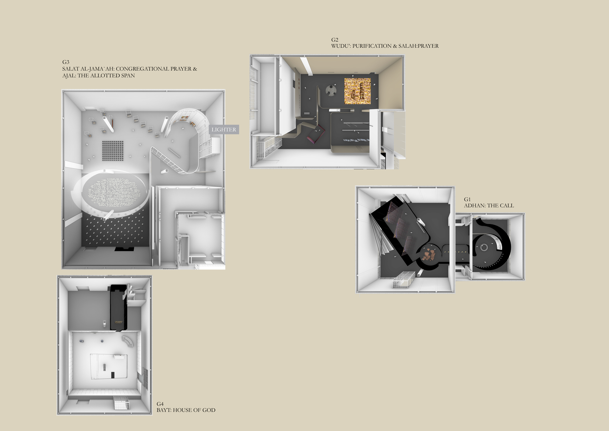 Axonometric drawing showing four separate room volumes with labeled spaces in a cutaway view