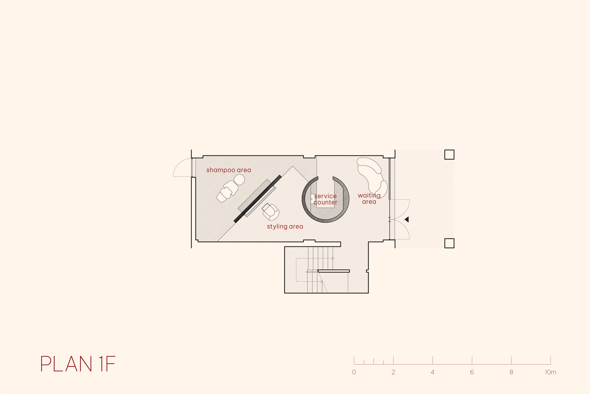 First floor plan drawing showing shampoo area, service counter, and waiting zone with stair