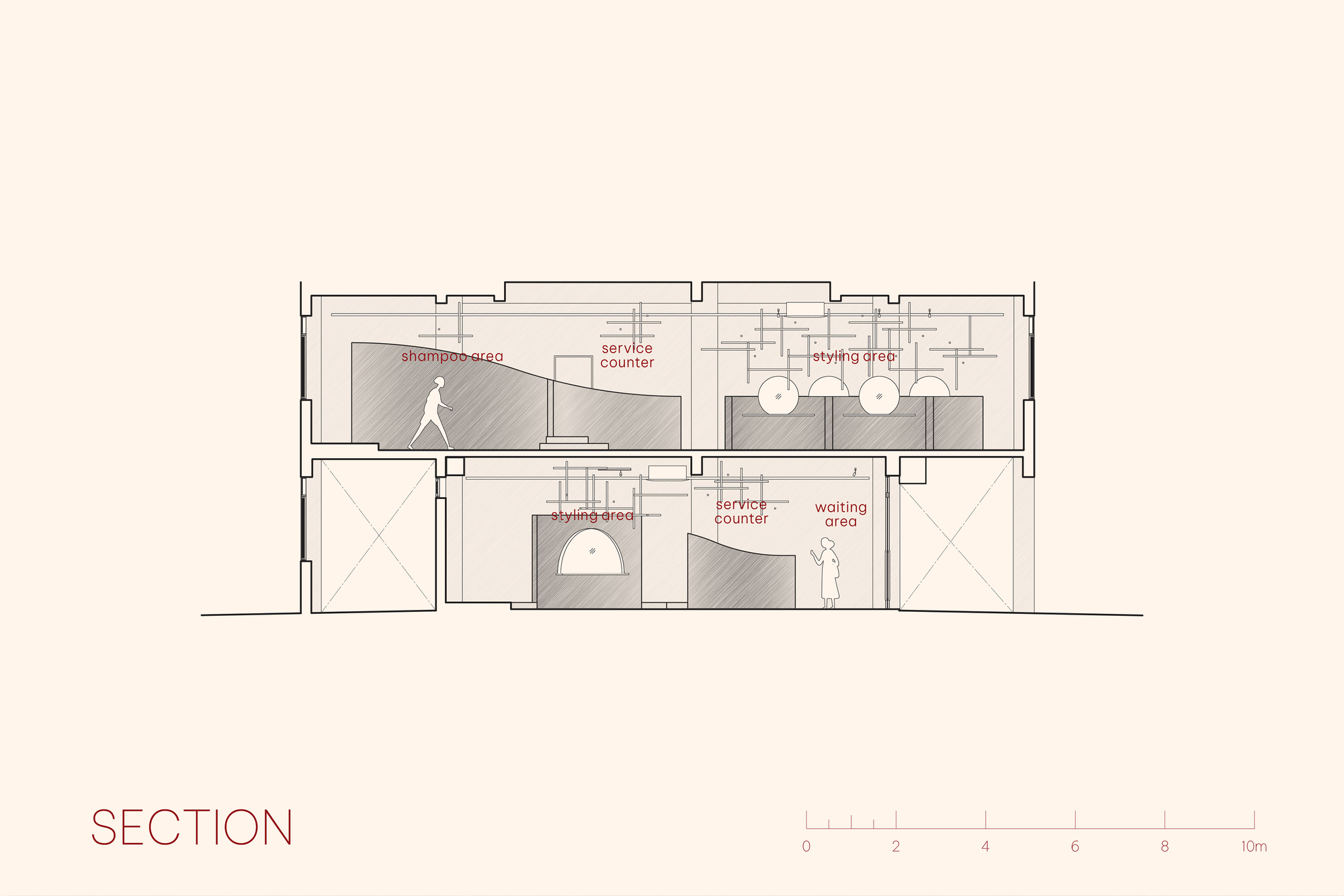 Section drawing illustrating the two-level interior with arched openings and spatial relationships