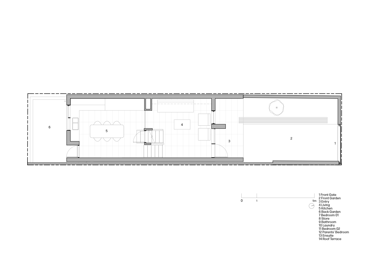 Ground floor plan showing a linear arrangement of living, kitchen, and bedroom spaces