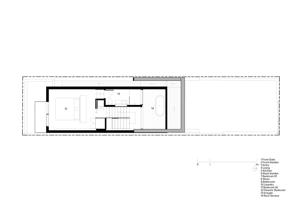 Second floor plan showing rooftop terrace, enclosed sitting room, and central stairwell