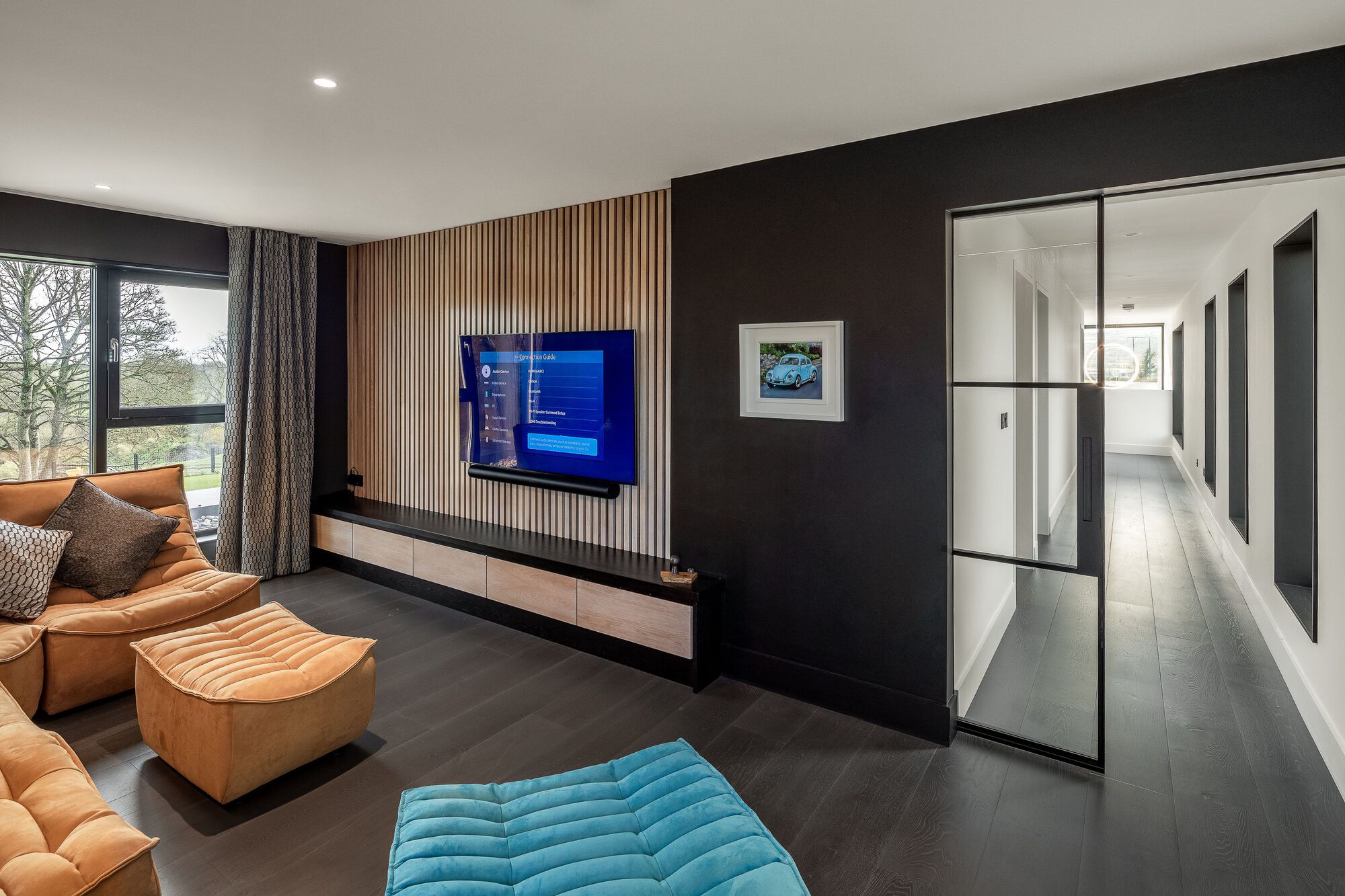 Media room with vertical timber slat wall and steel-framed glass door to corridor