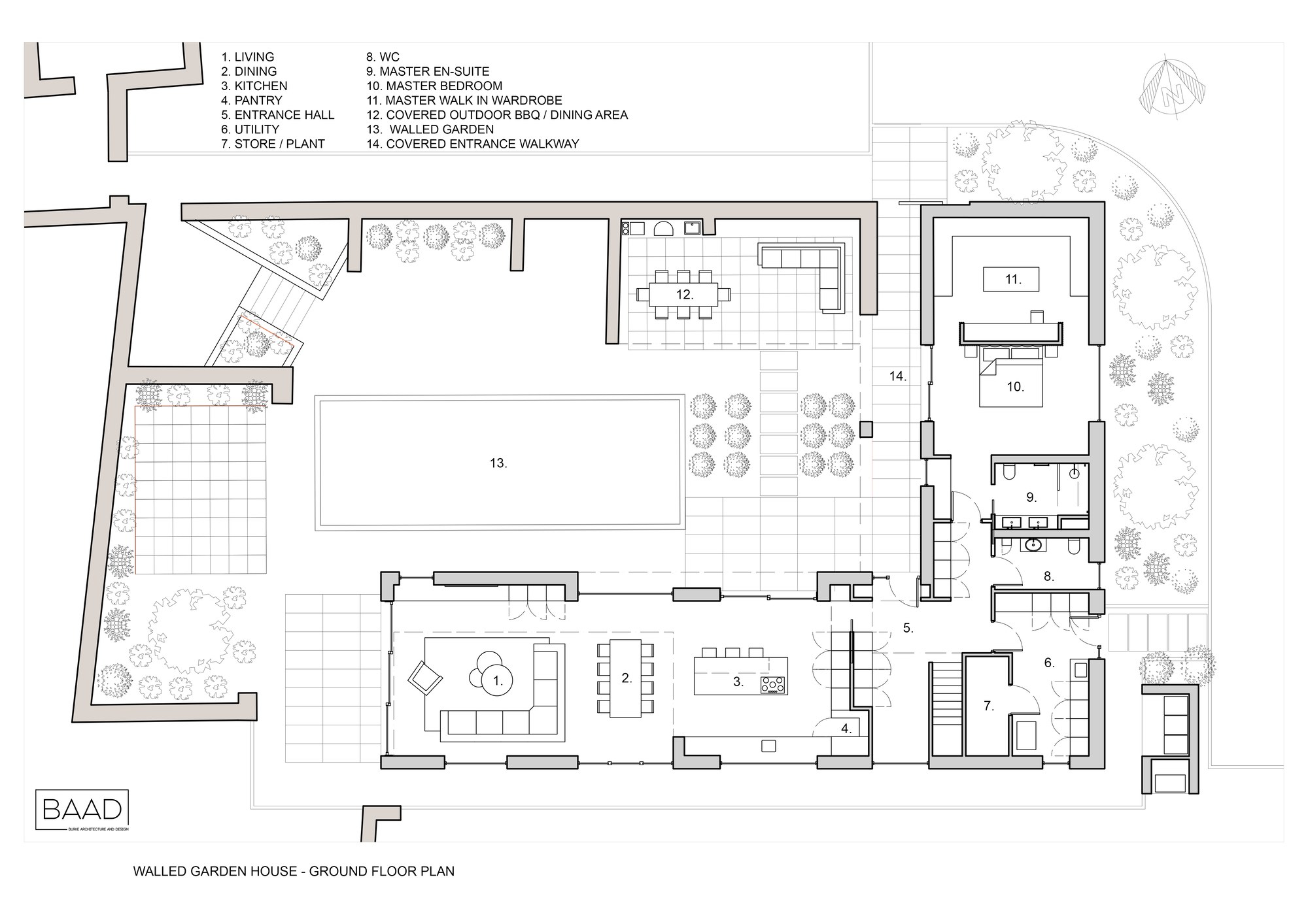 Ground floor plan drawing showing living spaces organized around a central courtyard pool with surrounding planted areas