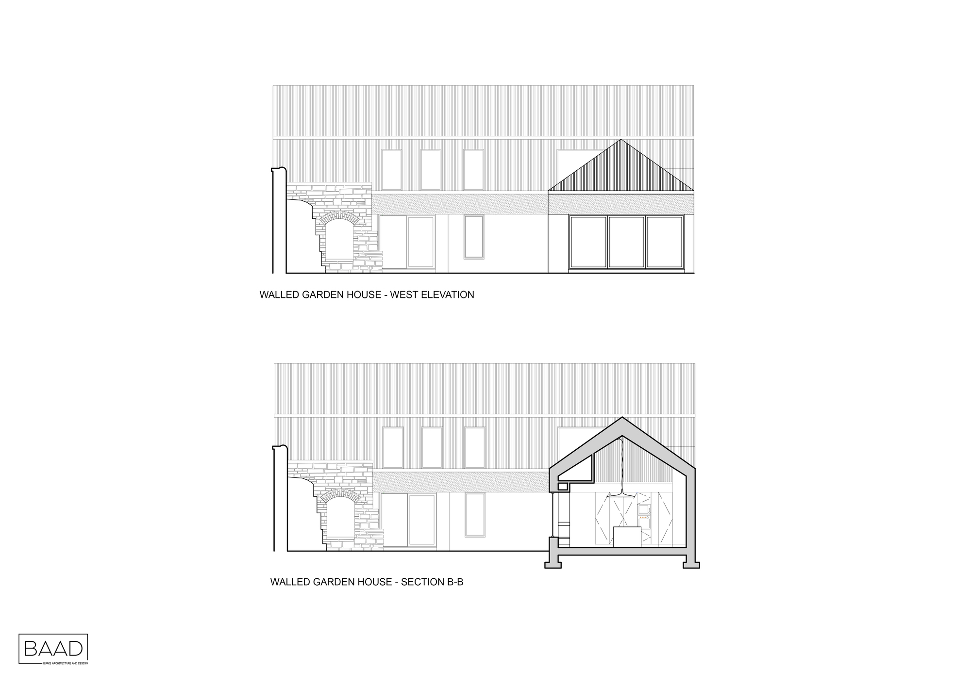 West elevation and section drawing revealing a glazed gable-roofed pavilion adjoining a corrugated-clad volume