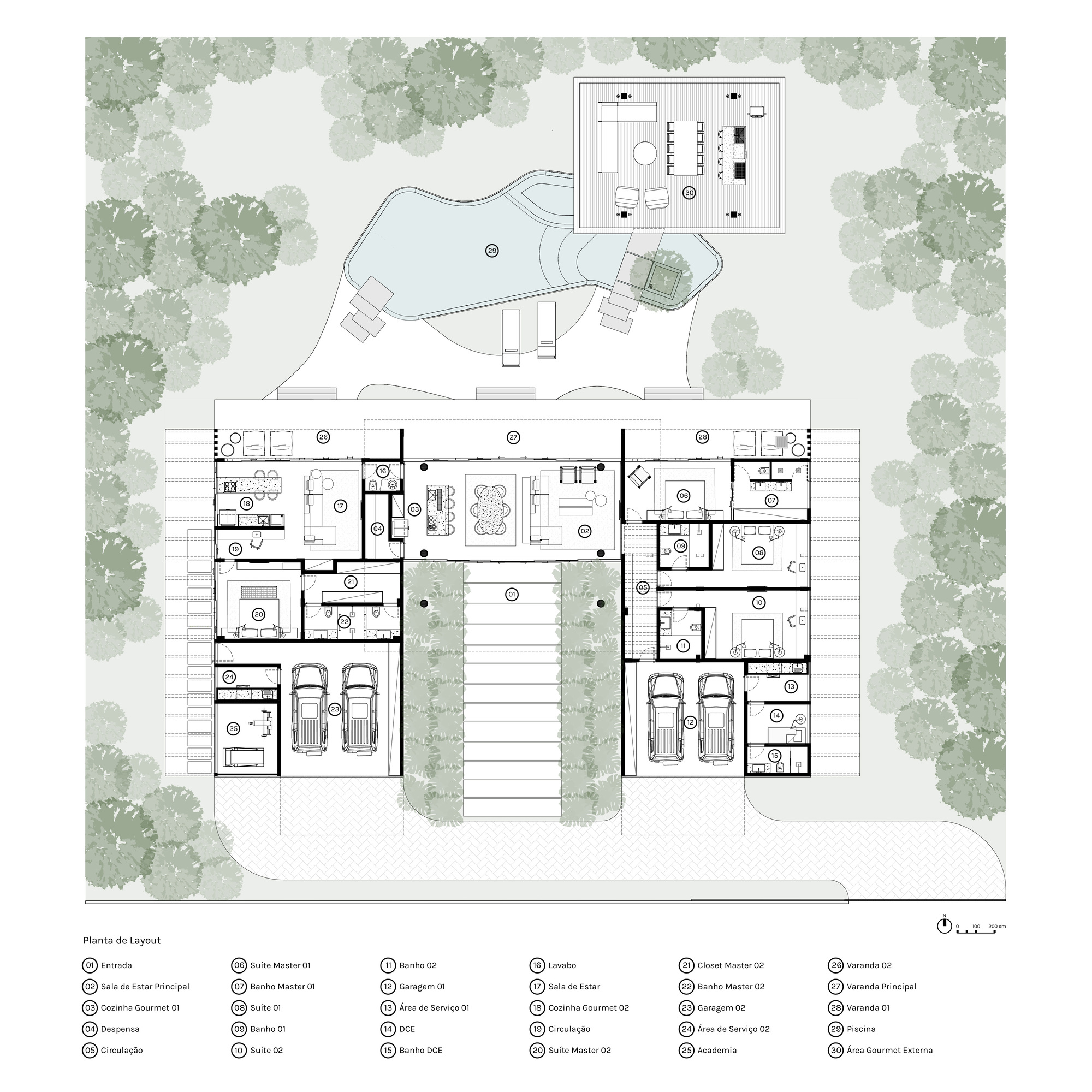 Floor plan drawing showing residential layout with central courtyard and surrounding tree canopies