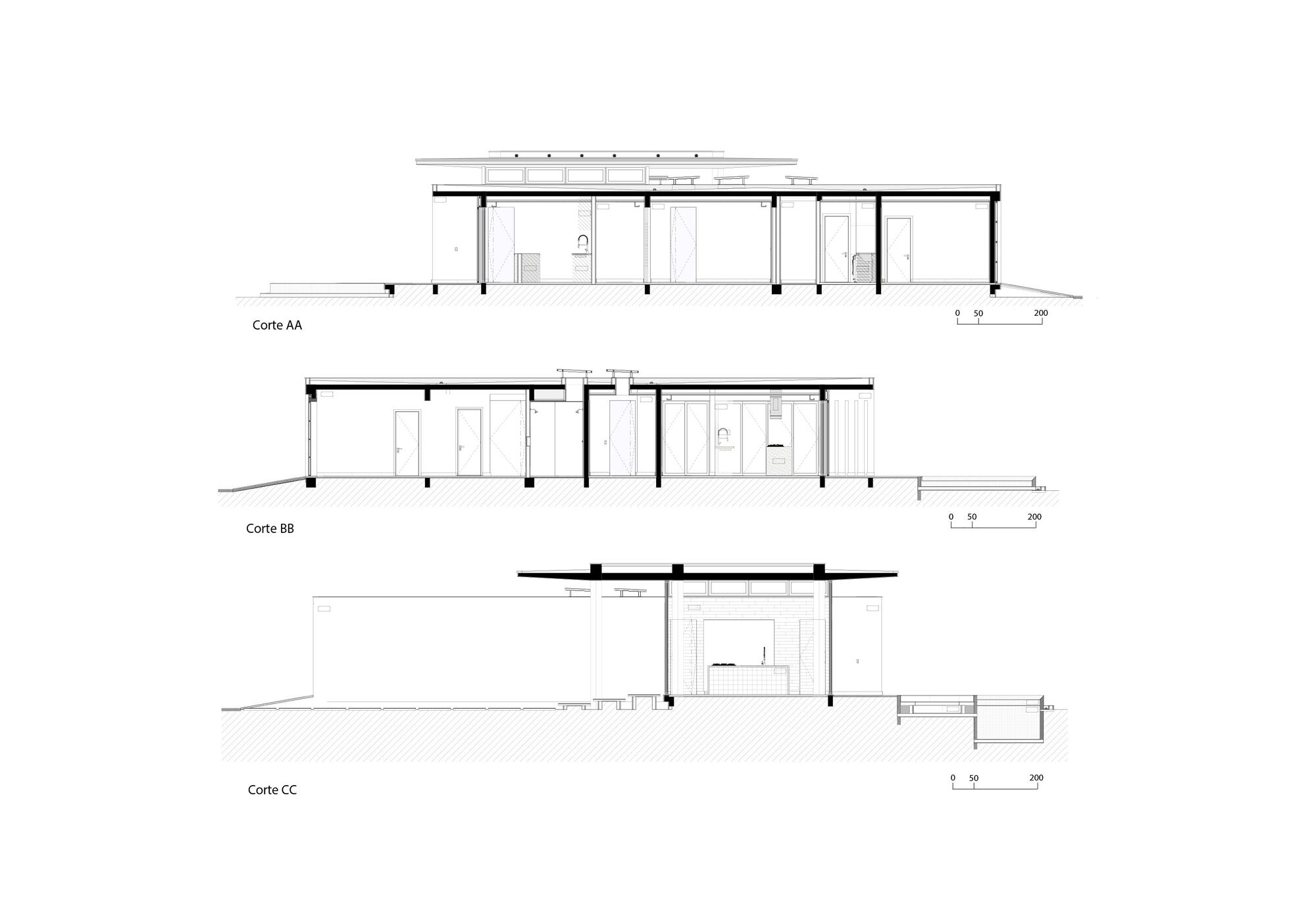 Section drawings showing three cuts through the single-story structure with flat roof and columns