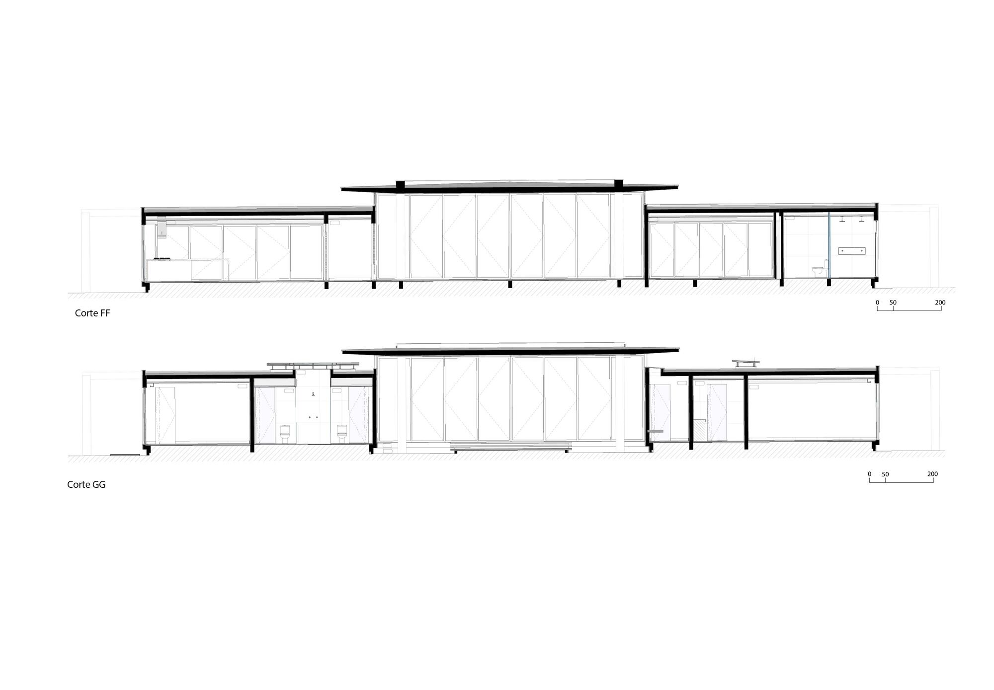Section drawings showing the low-slung horizontal volume with flat roof and central glazed atrium