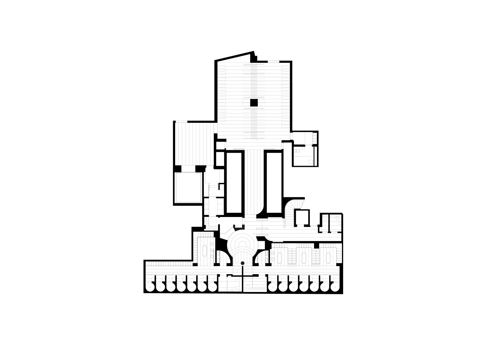 Floor plan drawing depicting upper level rooms surrounding a central void and lower colonnaded terrace