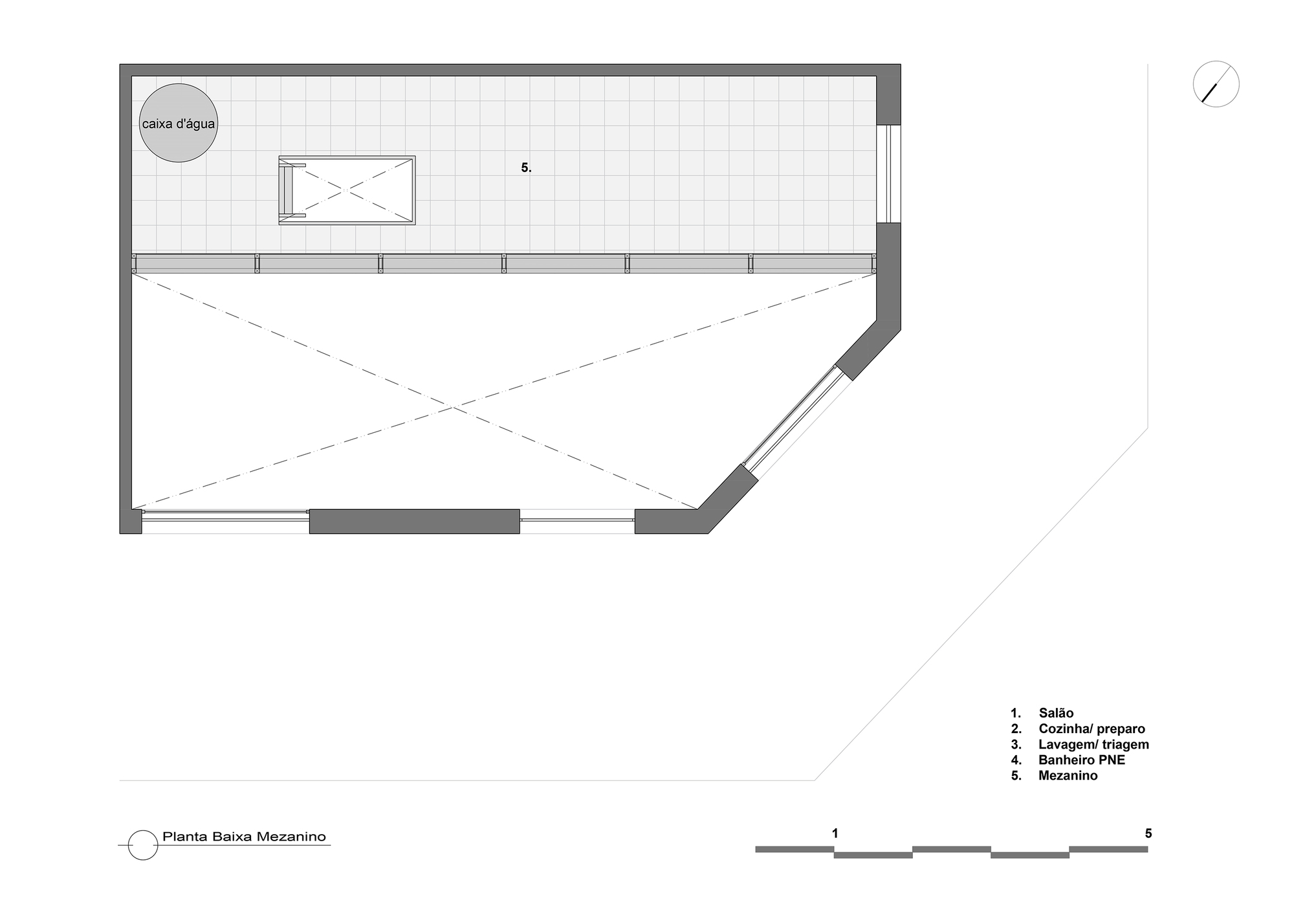 Floor plan drawing showing a mezzanine level with water feature and viewing area overlooking the space below
