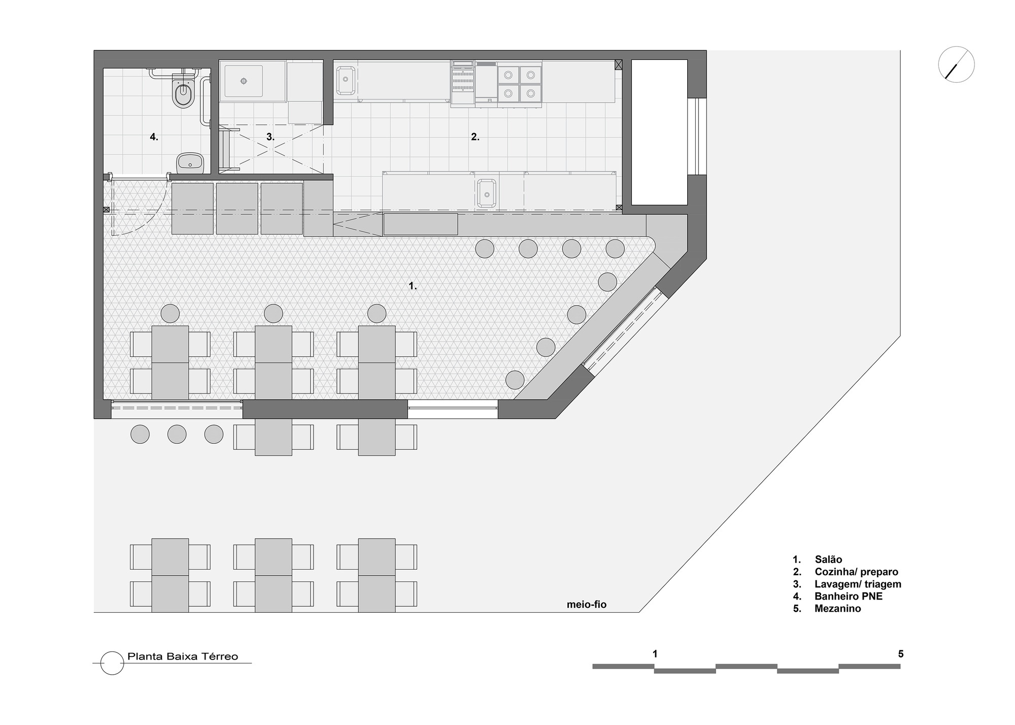 Ground floor plan drawing showing dining area with tables, kitchen, bathroom and outdoor seating arrangement