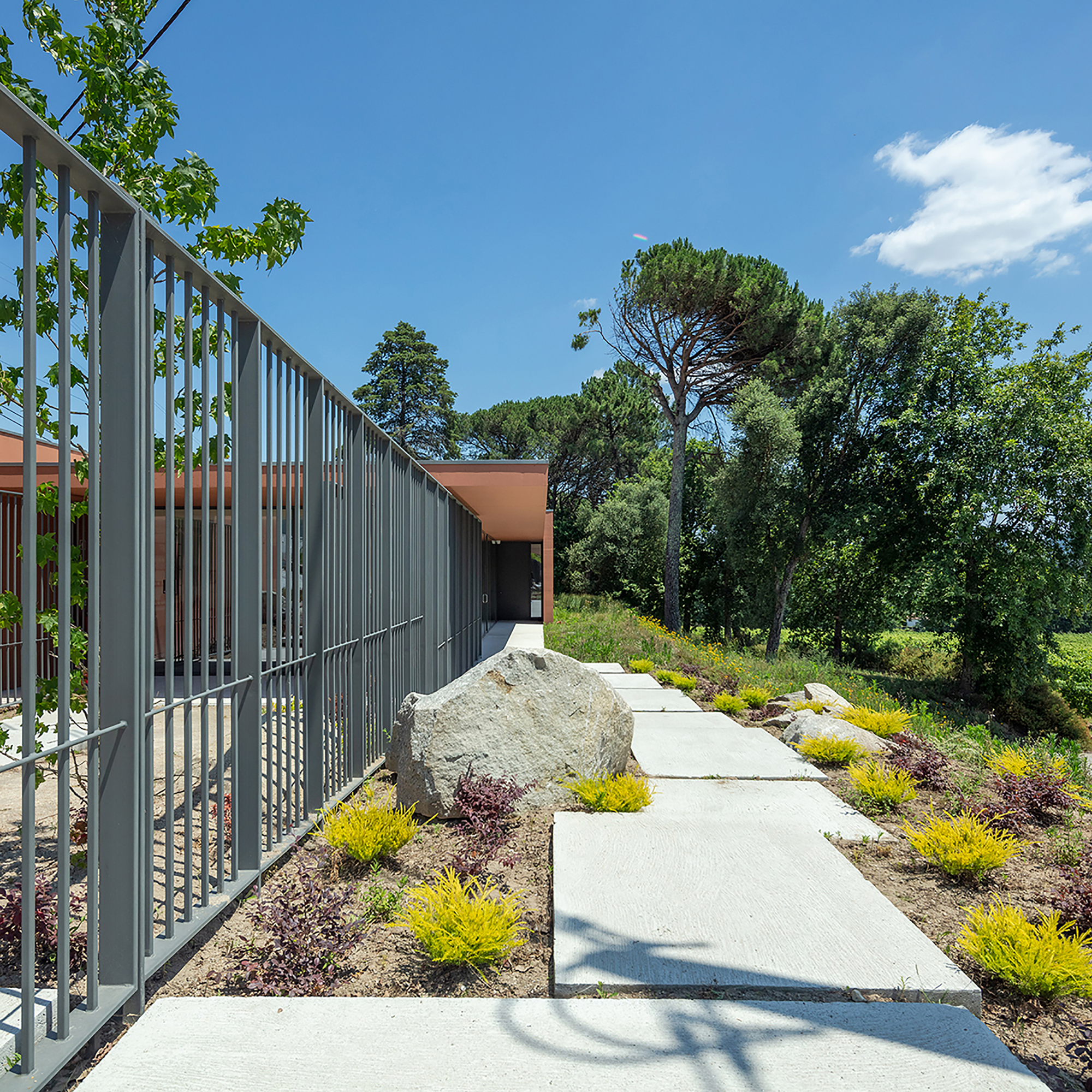 Concrete walkway flanked by vertical metal screen, boulders, and planted beds with grasses beneath mature pines