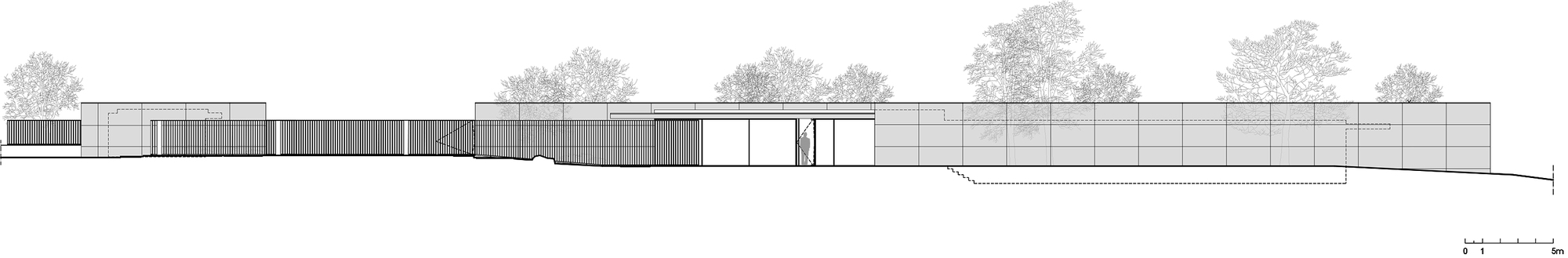 Elevation drawing depicting a low-slung linear structure with alternating solid and transparent bays flanked by trees