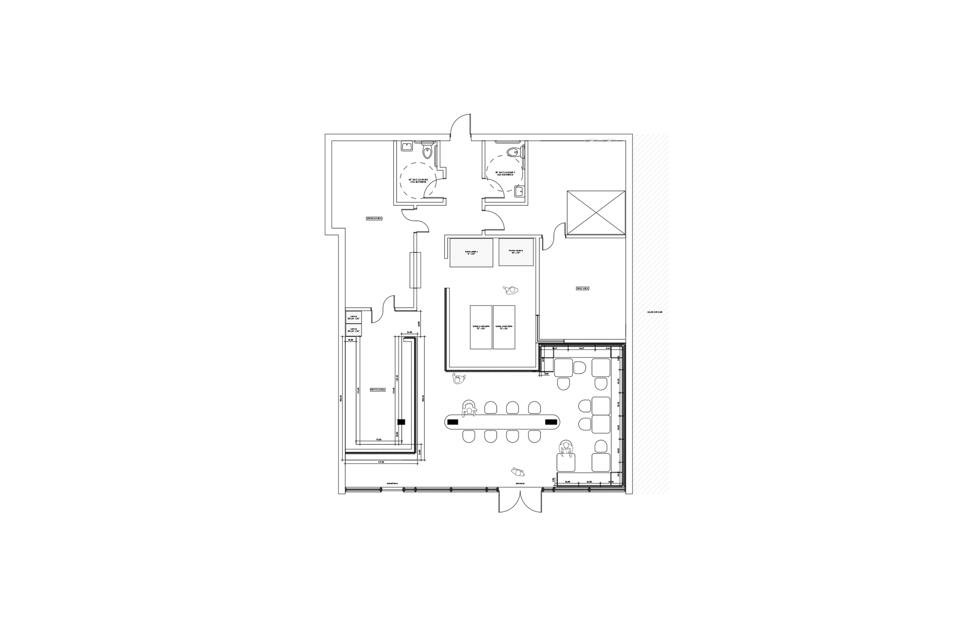 Floor plan drawing showing the layout of restrooms, kitchen, storage, and seating areas
