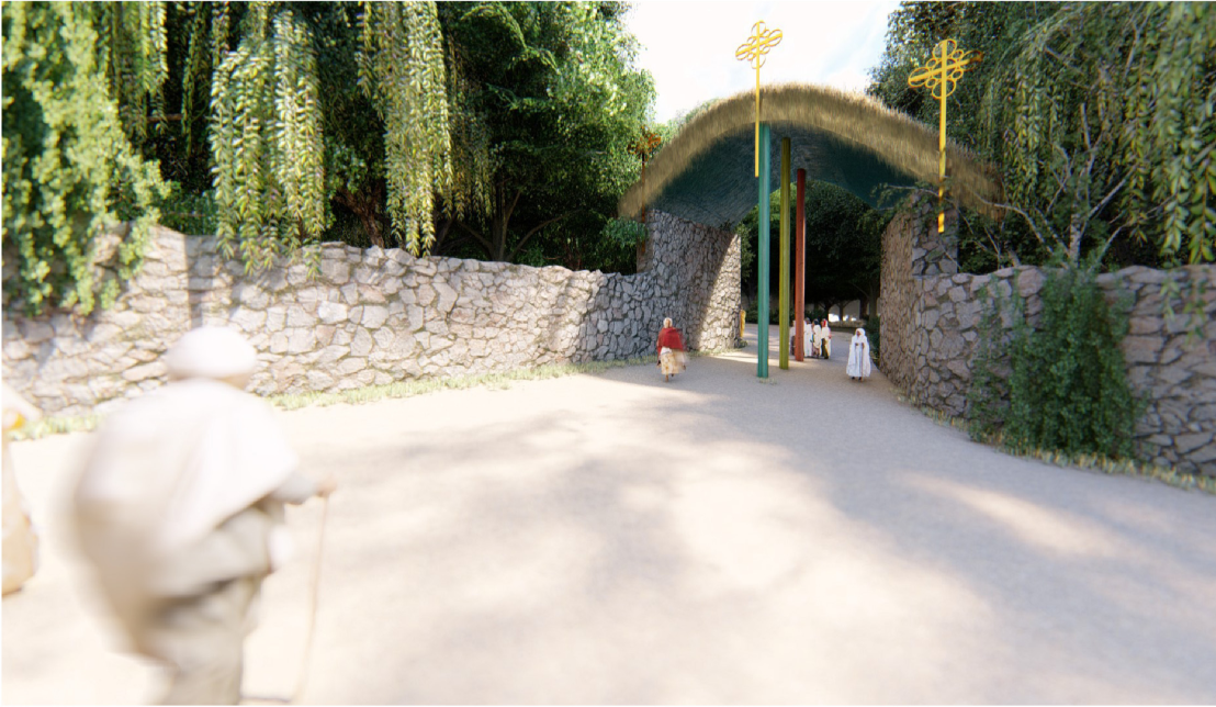 The forest gateway creates a peaceful transition between the city and the sacred landscape of the Ethiopian chapel complex.