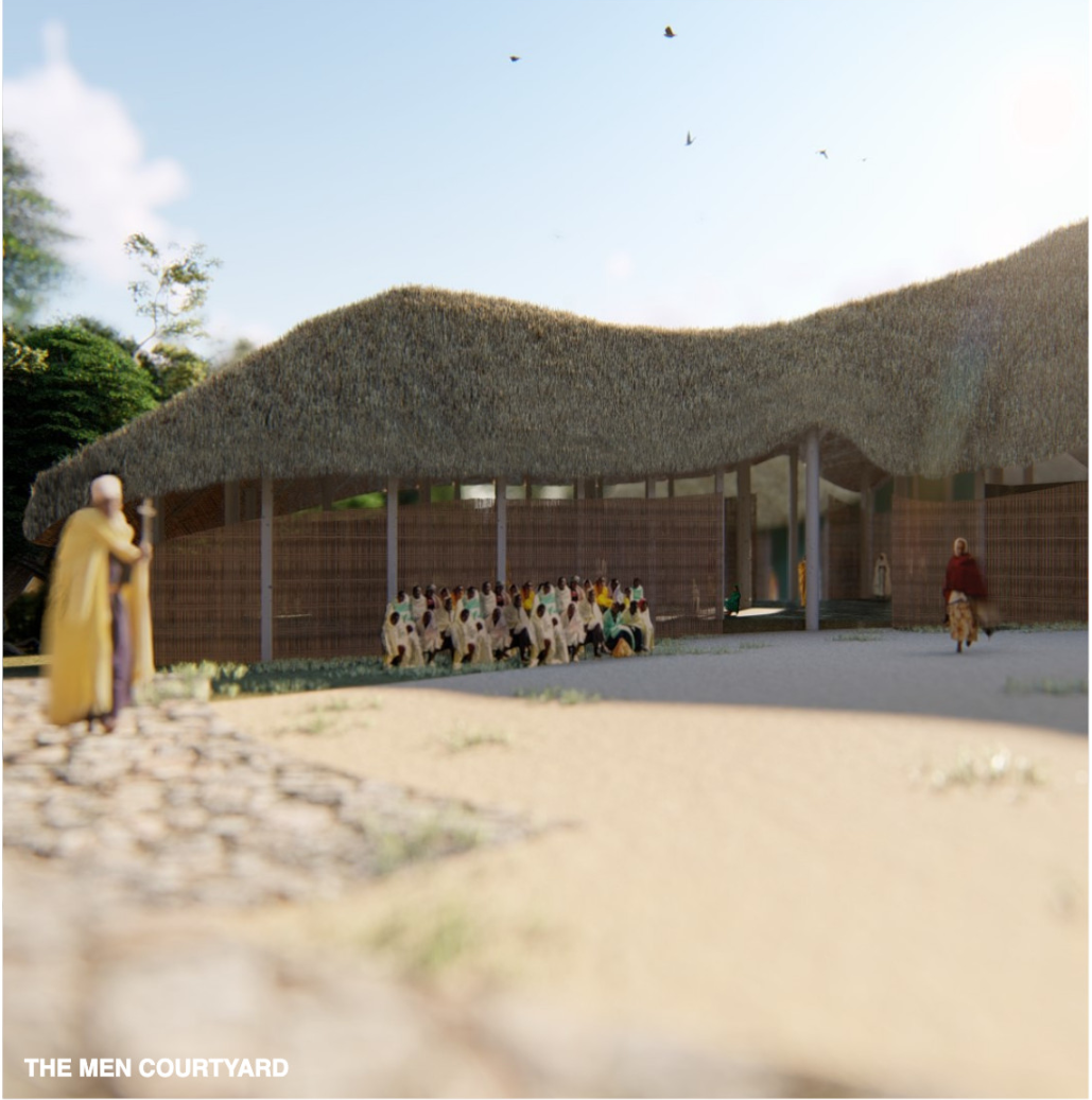 A shaded communal courtyard designed to encourage prayer, gathering, and interaction within the protected urban forest environment.