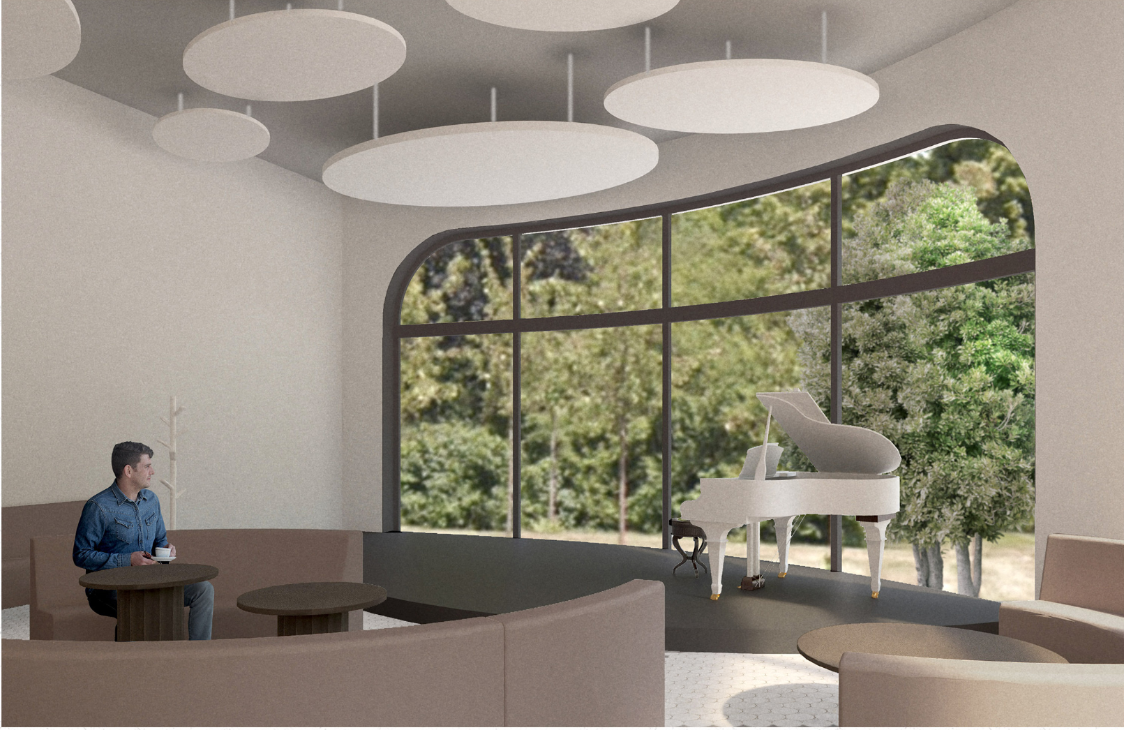 Piano stage zone designed for music evenings, poetry events, and intimate cultural gatherings.