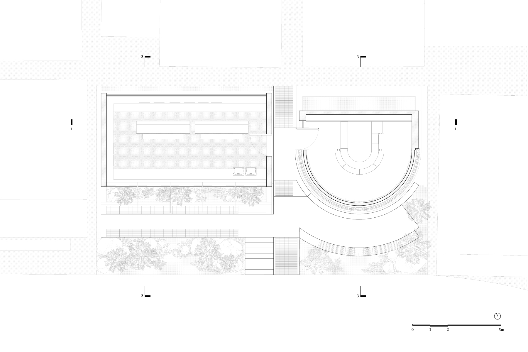 Plan drawing showing rectangular and curved volumes connected by planted courtyards and stepped entry