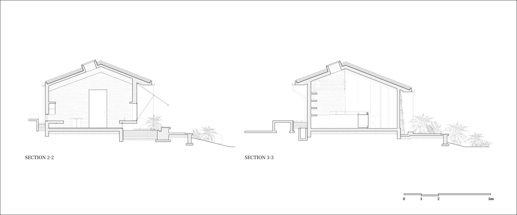Section drawings showing two gabled structures with sloped sites and planted surroundings