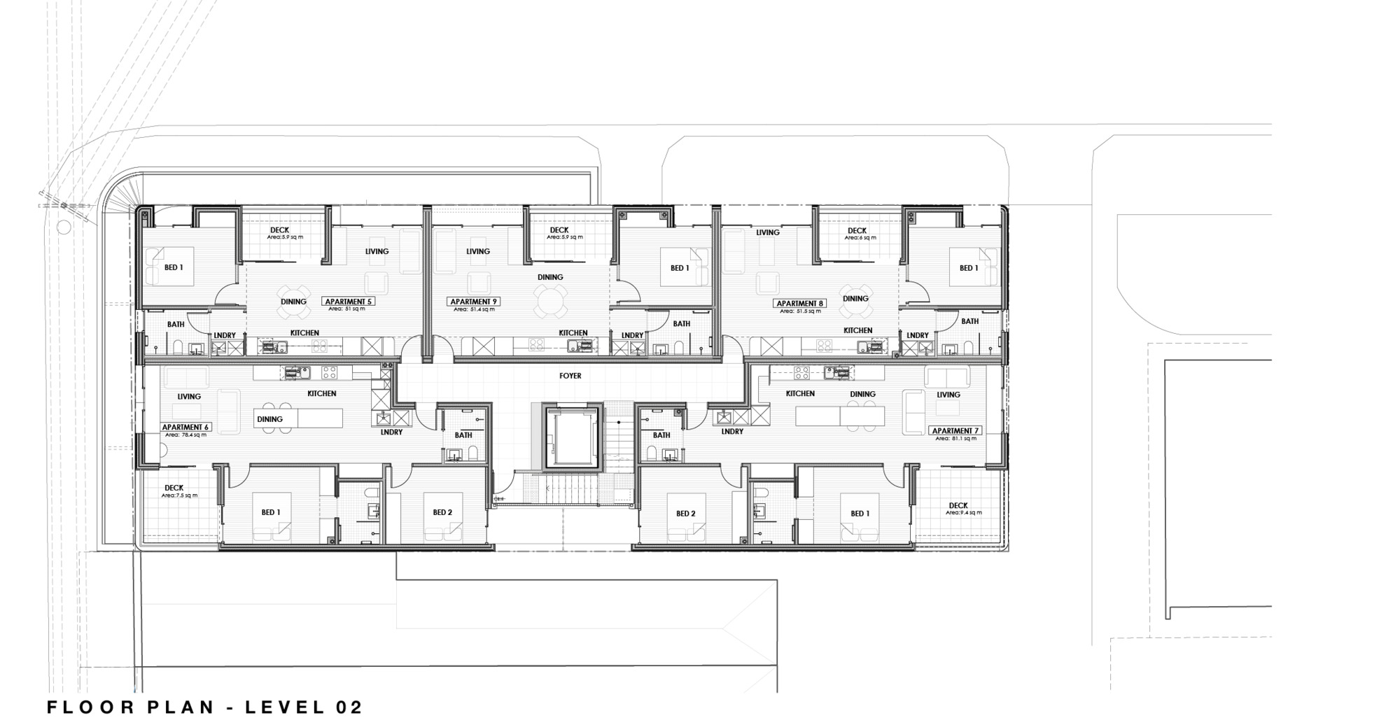 Level 02 floor plan drawing showing multiple apartments with bedrooms, living areas and bathrooms symmetrically arranged