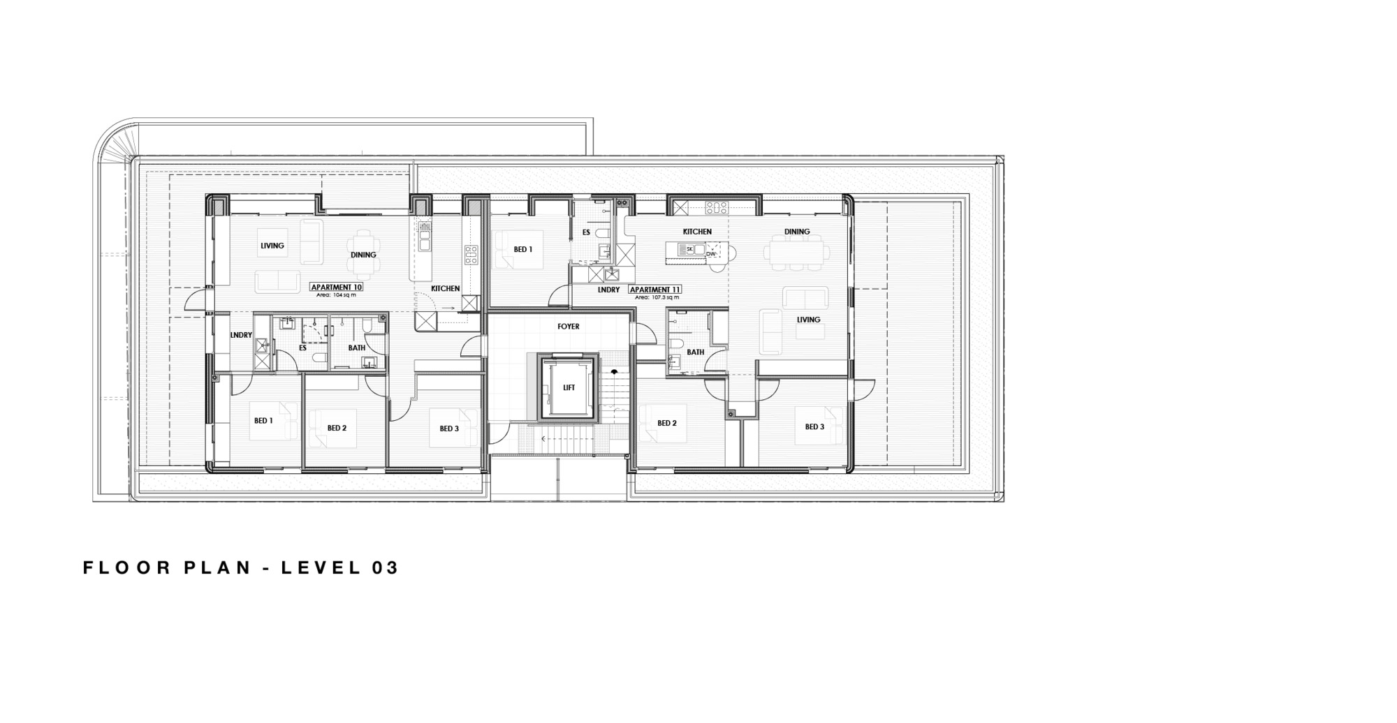 Level 03 floor plan drawing showing reduced footprint with fewer residential units and terrace spaces