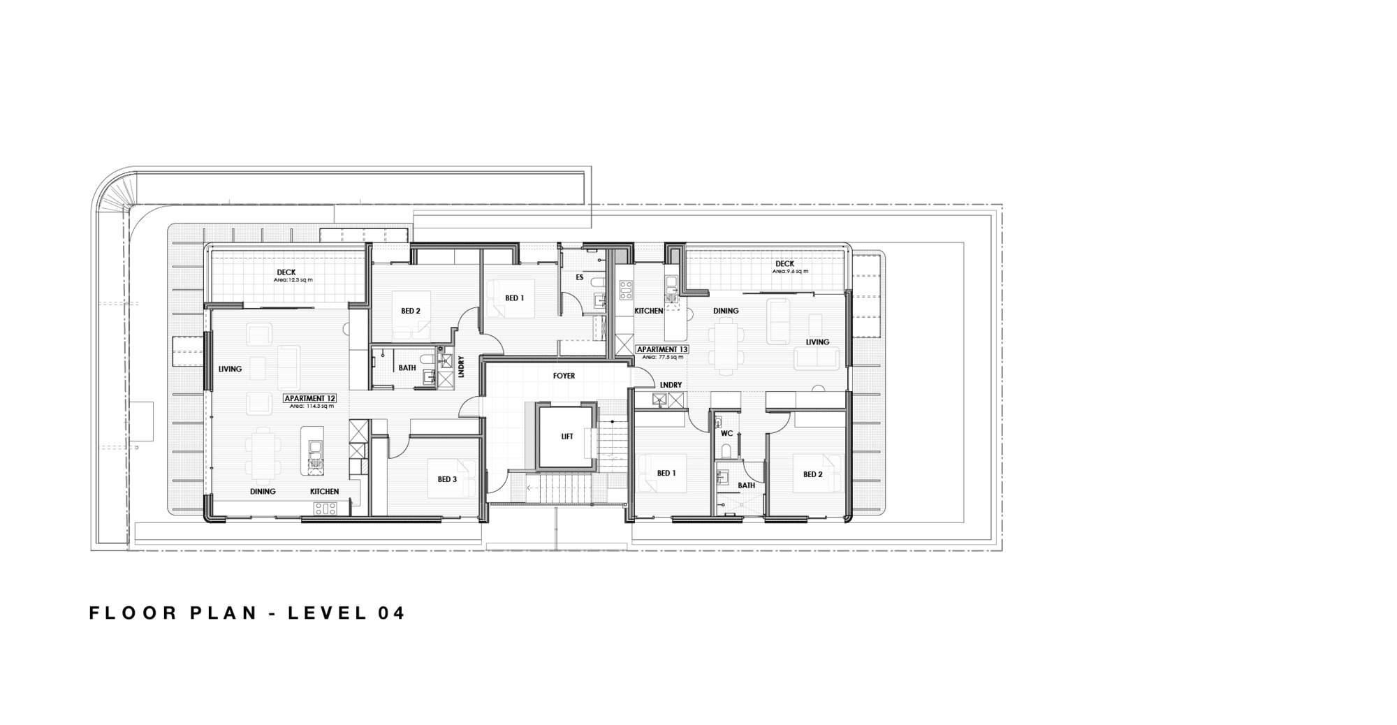 Level 04 floor plan drawing showing top floor apartments with deck areas and setback massing