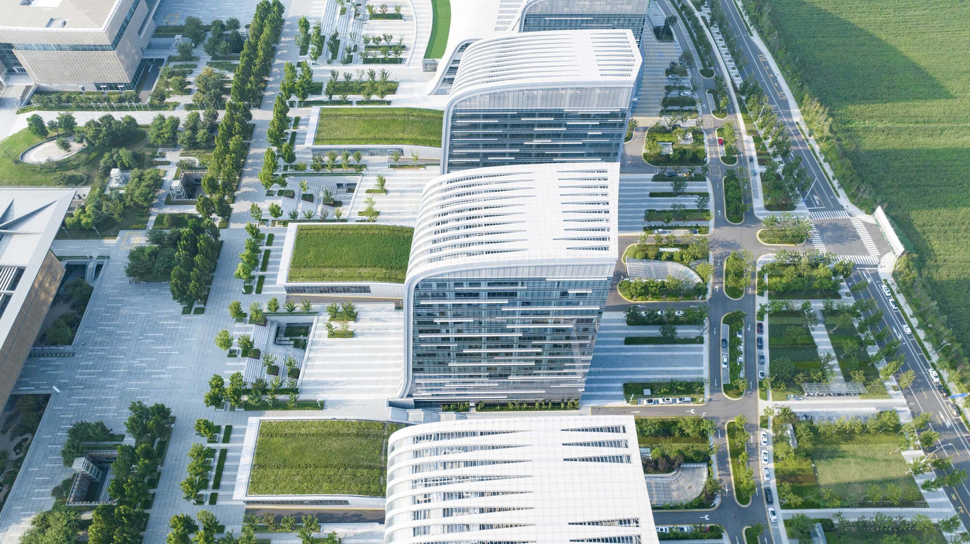 Drone view of three curved white-ribbed office buildings separated by green courtyards and paved plazas