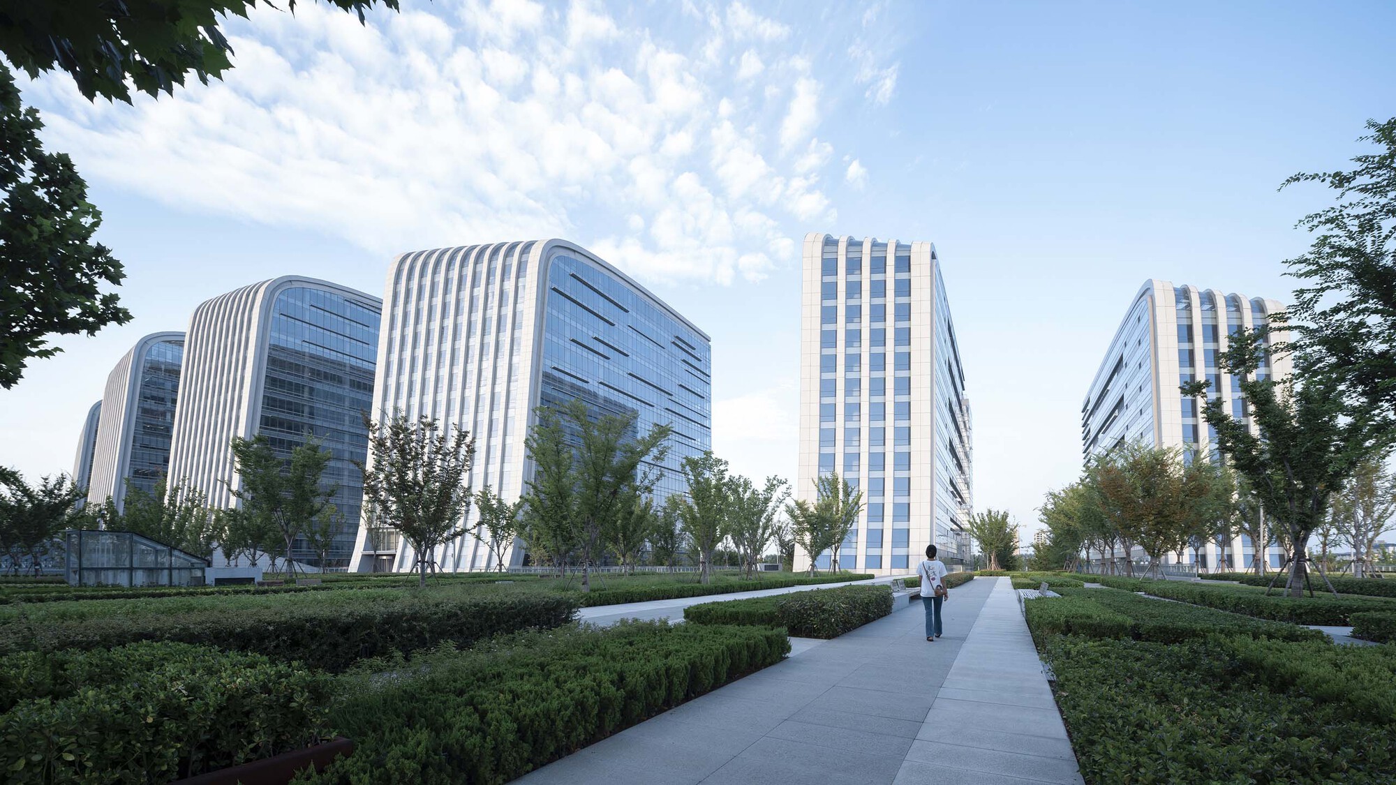 Pedestrian pathway through manicured hedges leading toward the towers under a blue sky with clouds