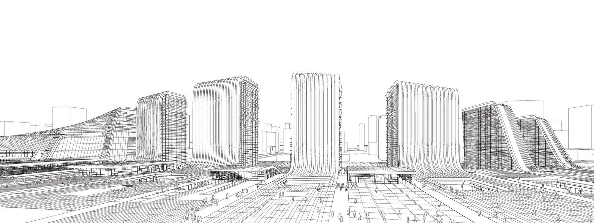 Perspective line drawing of the mixed-use complex with ribbed towers and curving forms around a plaza