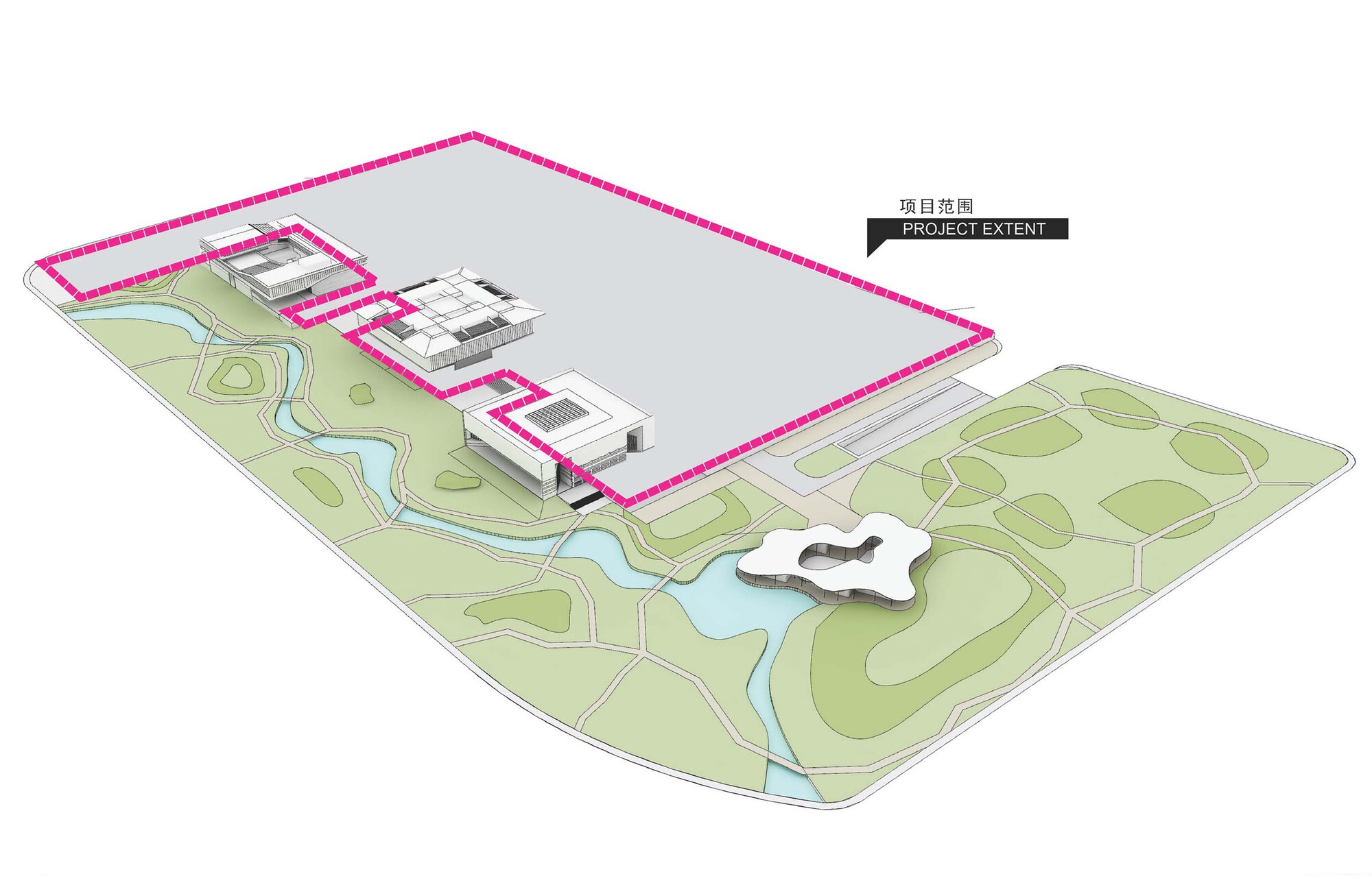 Axonometric site plan showing building clusters along the plaza edge and landscaped parkland with water features