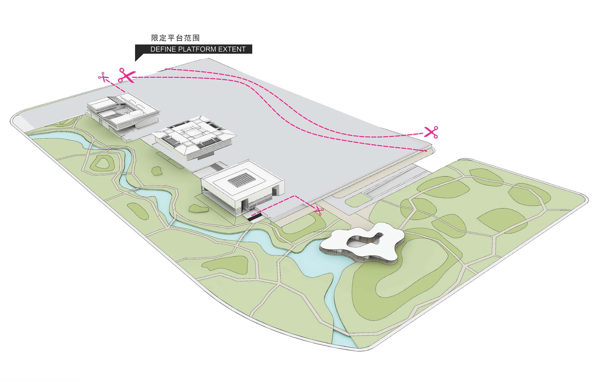 Axonometric diagram defining the elevated platform extent with dashed pink lines connecting the building clusters