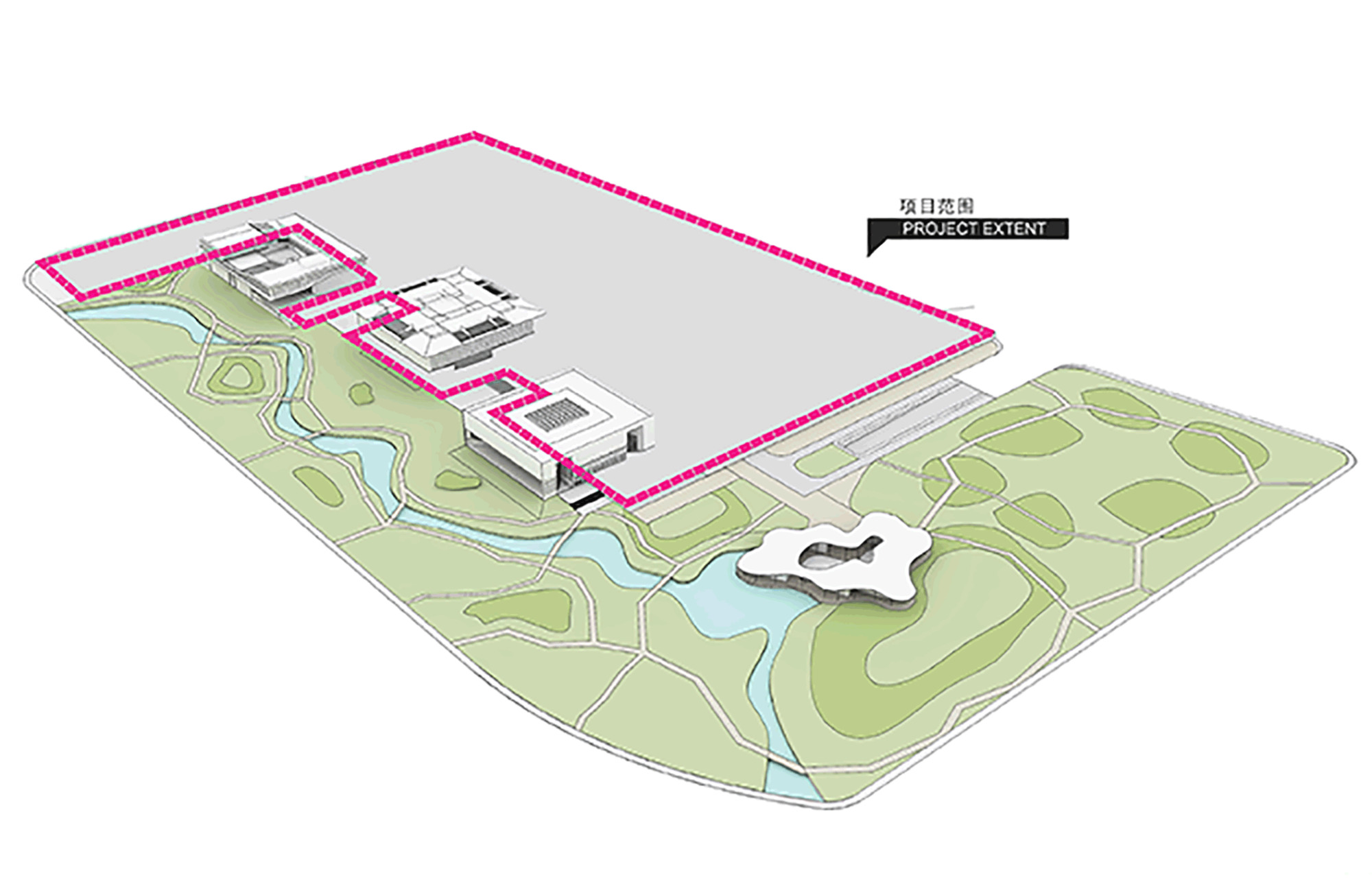 Axonometric diagram highlighting the project boundary encompassing built zones and adjacent green space
