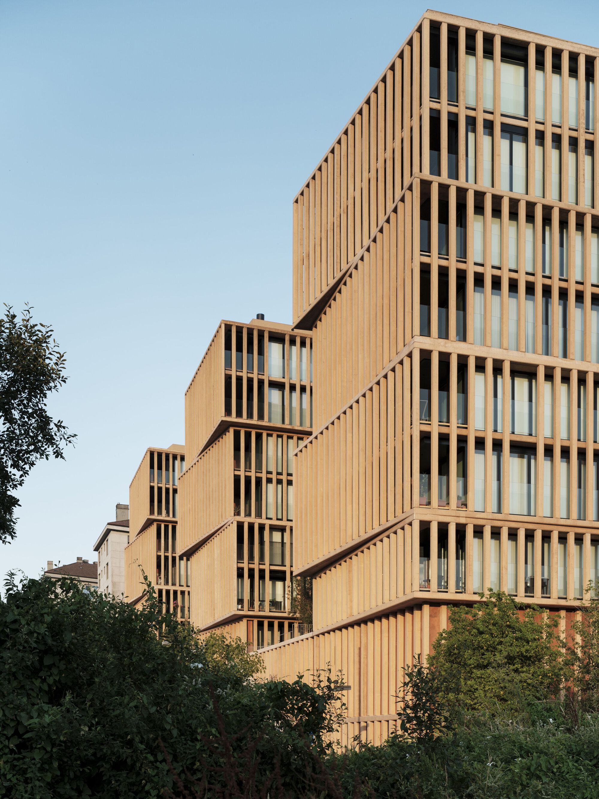 Stepped facade volumes clad in vertical timber battens rising above surrounding trees in afternoon light