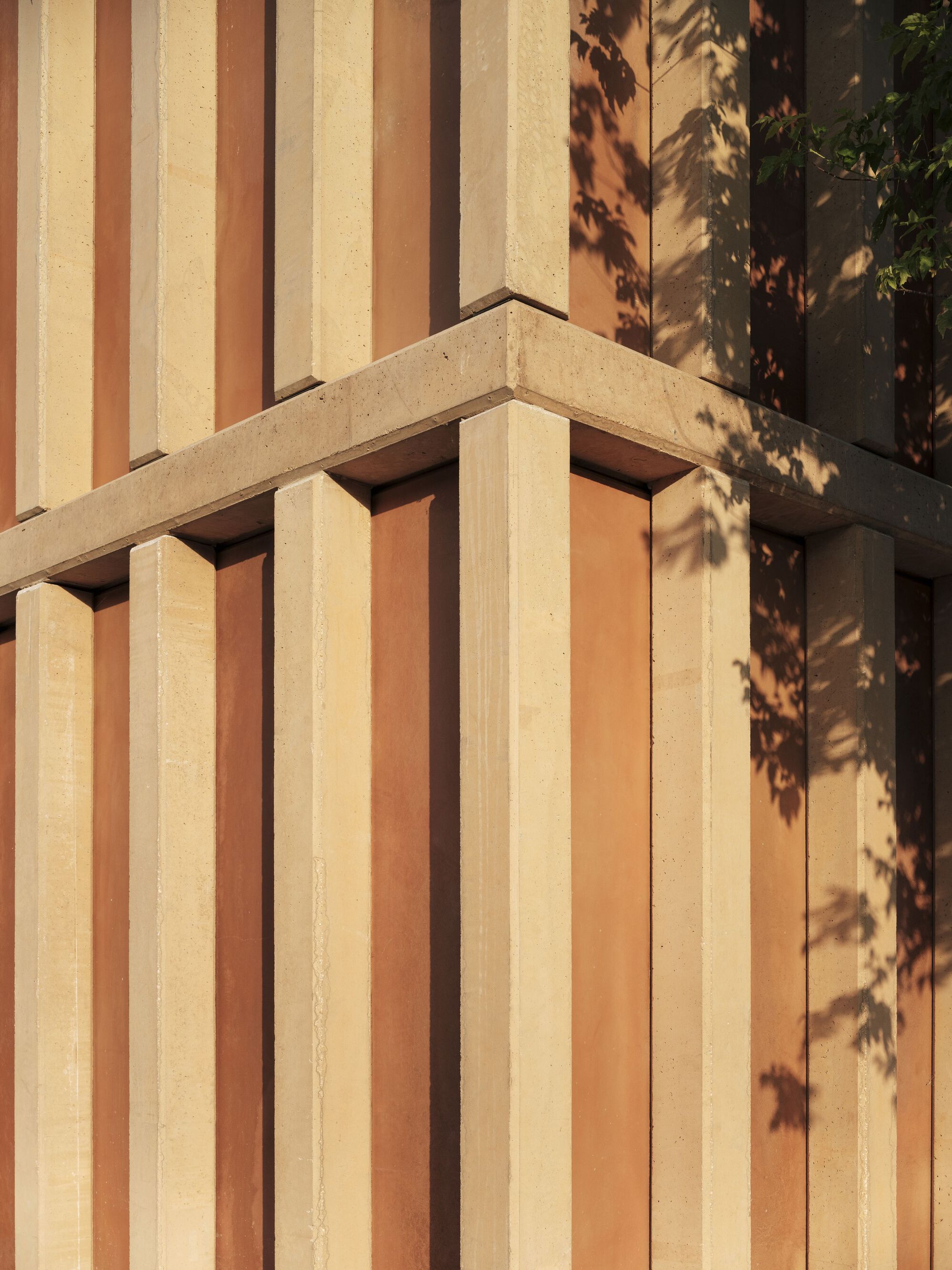 Close-up of vertical timber slat cladding junction with concrete beam edge casting dappled shadow