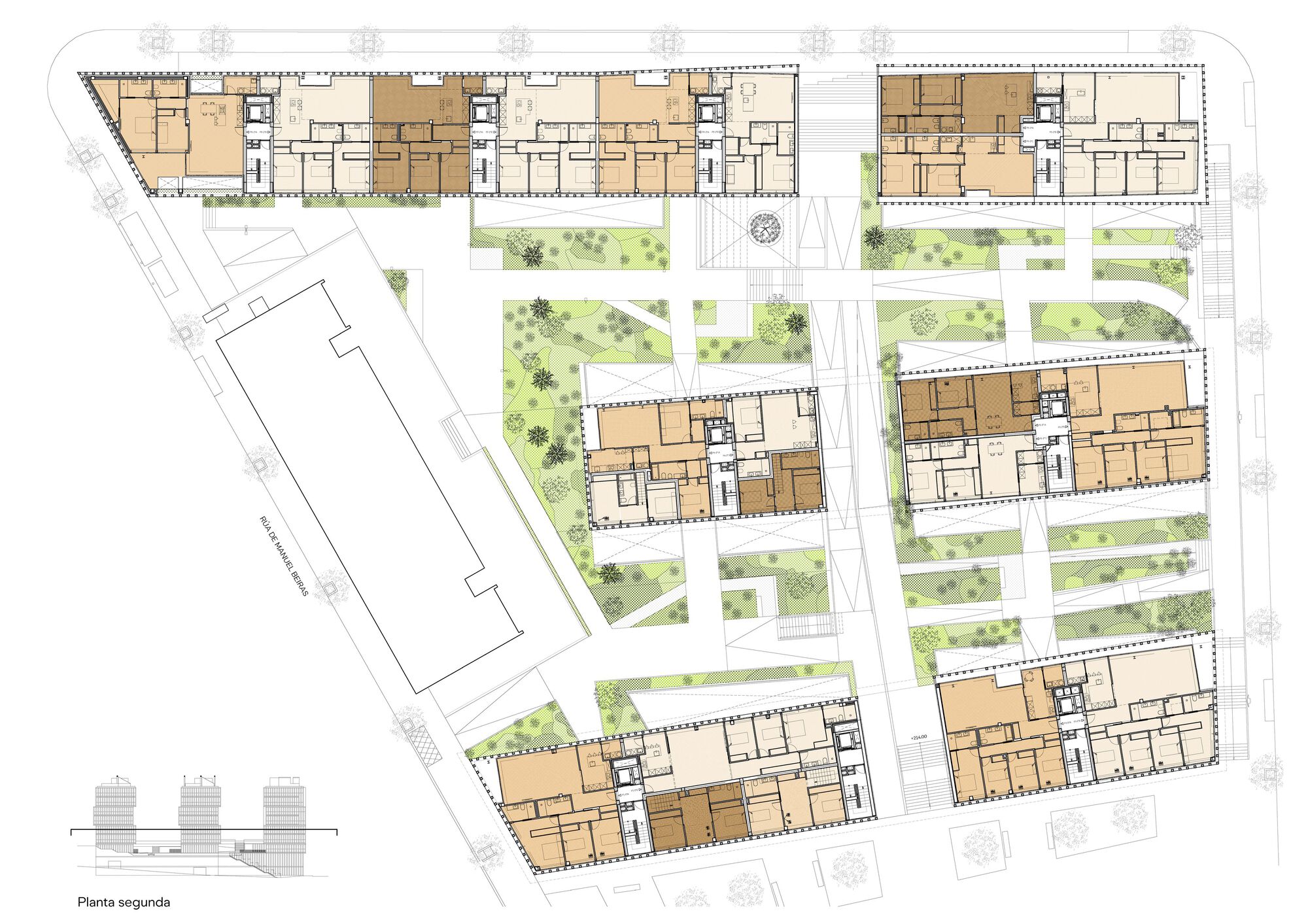 Second floor plan drawing showing residential units with planted courtyards between building volumes