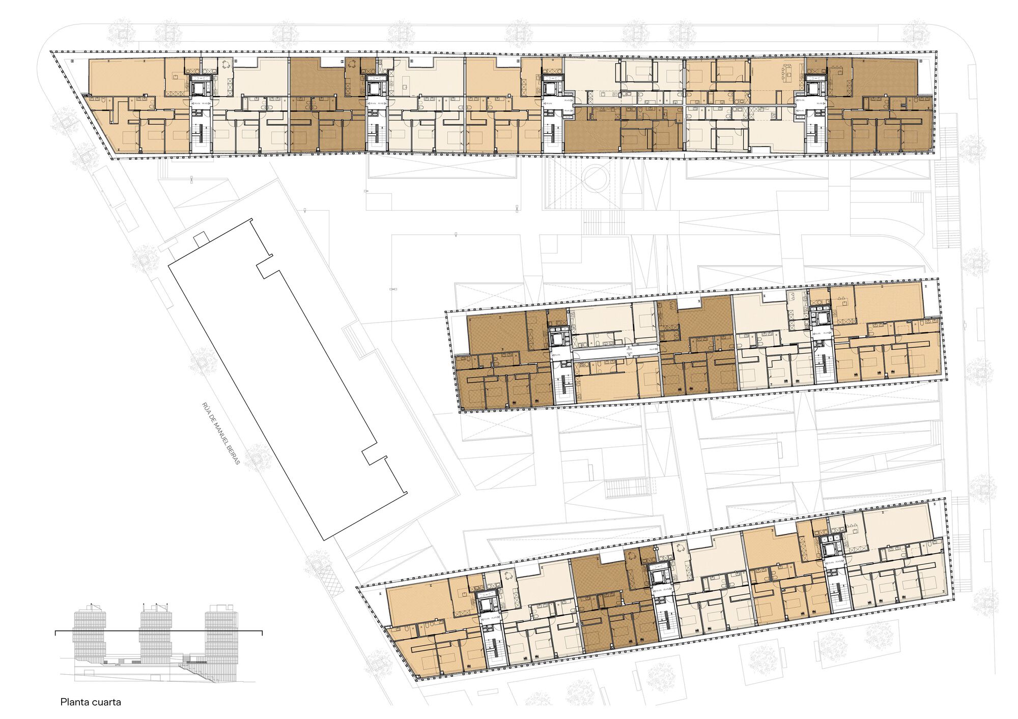 Fourth floor plan drawing showing residential units in three linear blocks with stair cores