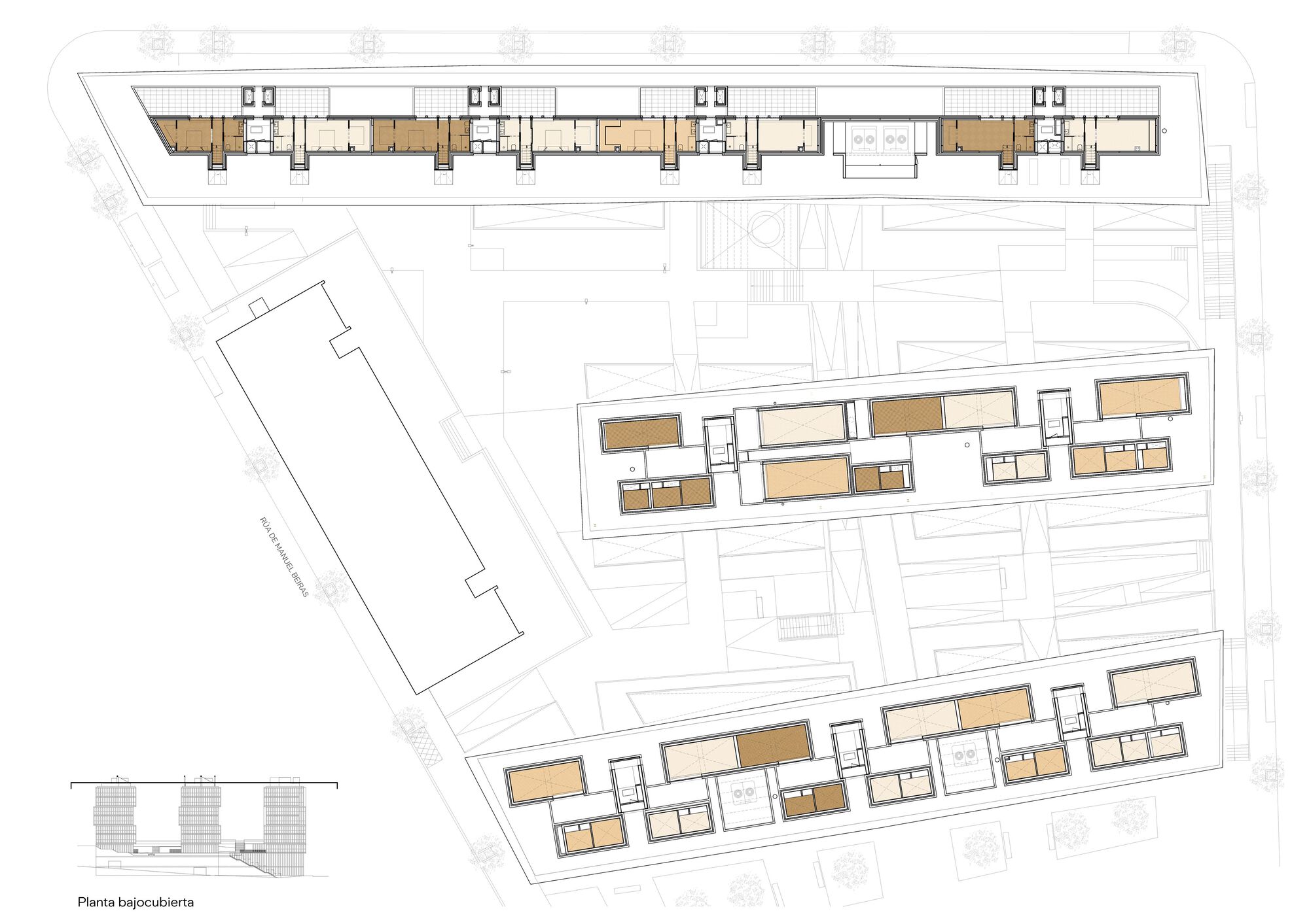 Ground and lower level floor plan drawing showing the angled building footprints on sloped terrain