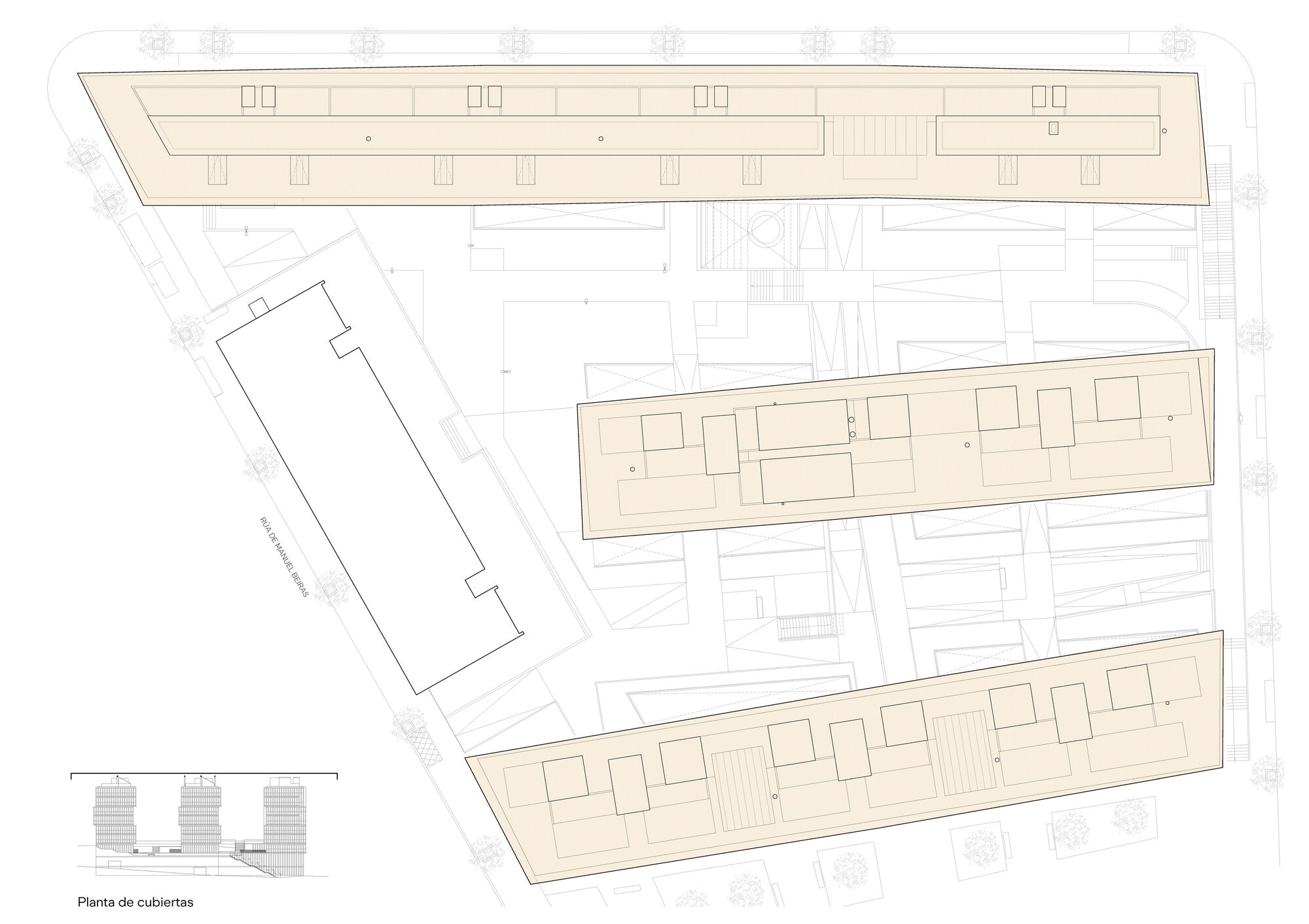 Roof plan drawing showing three elongated volumes with rectangular penthouse structures and screening elements