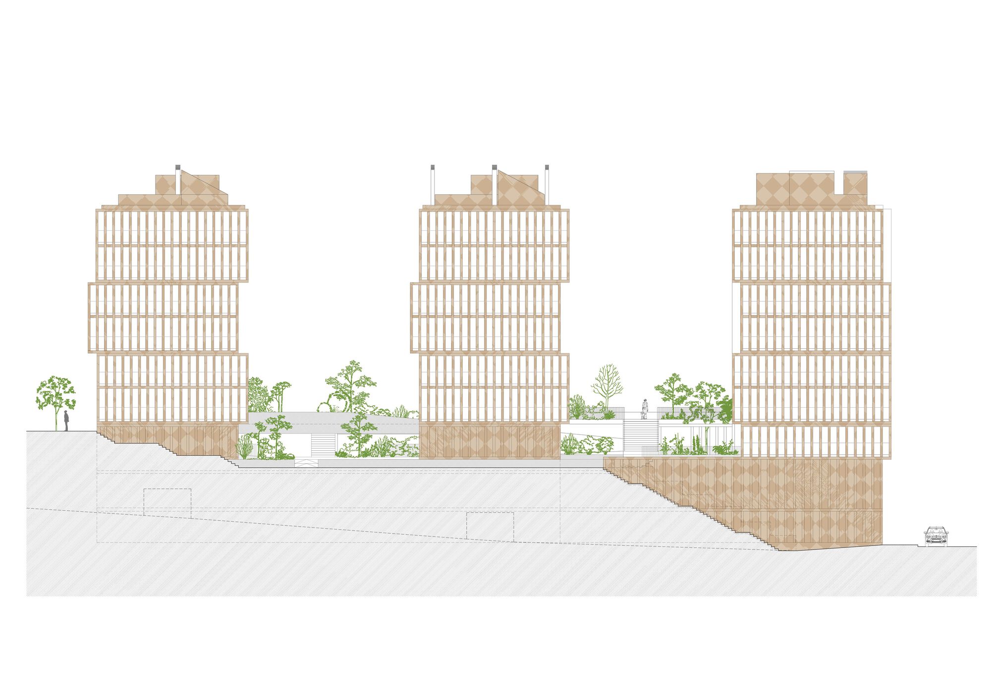 Elevation drawing showing three tower blocks with gridded facades and rooftop terraces surrounded by trees