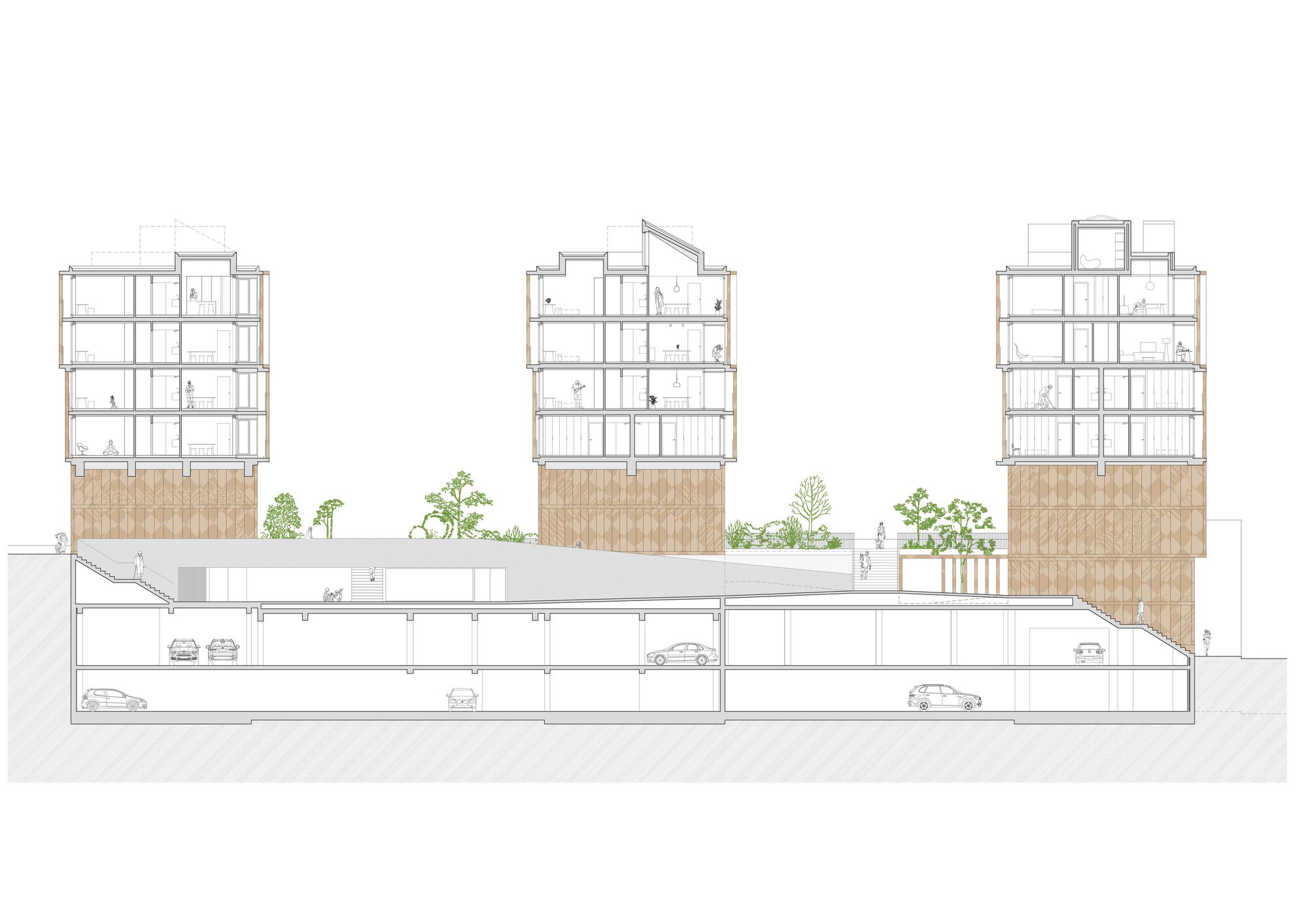 Section drawing showing three towers above a shared parking garage with landscaped courtyard between buildings