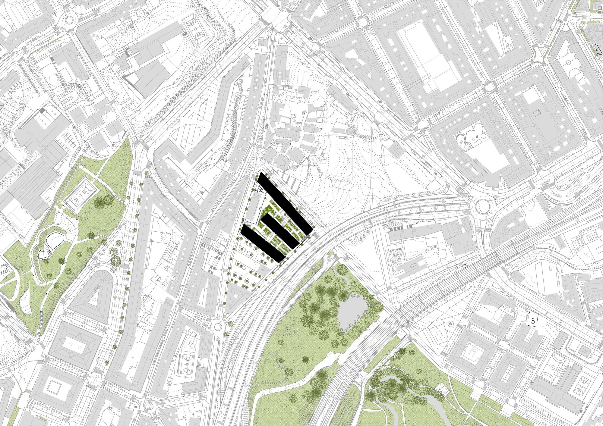 Site plan drawing showing two angled residential blocks positioned between green spaces and transit infrastructure
