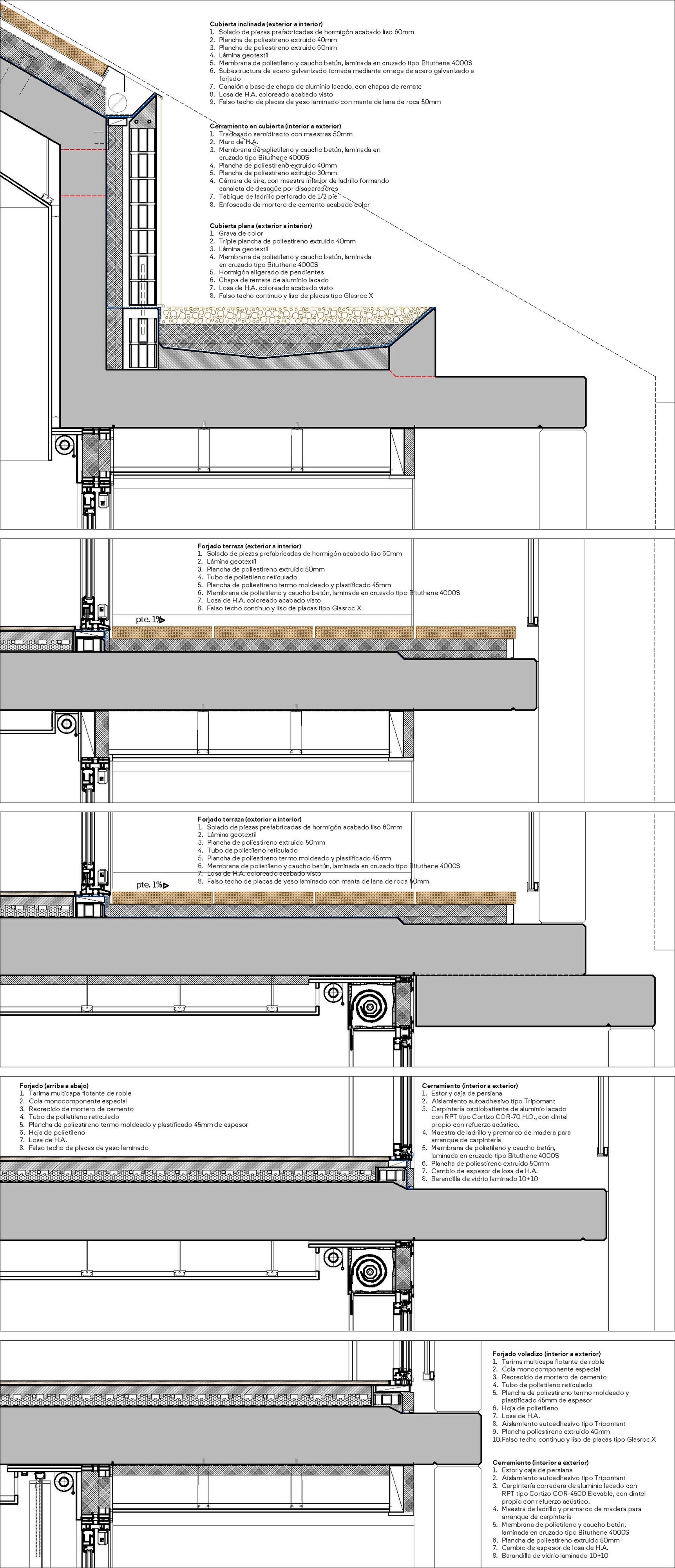 Detail section drawing showing window sill assembly and floor slab connections with annotations