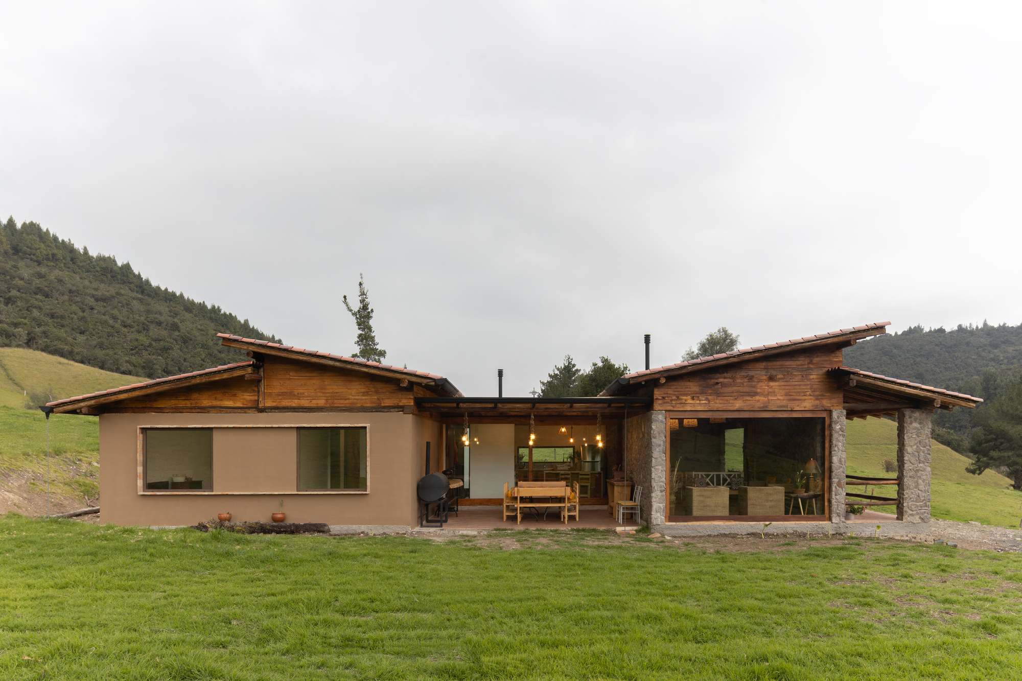 Rear elevation showing interconnected timber roof volumes over stucco and glass walls facing rolling meadows and forest