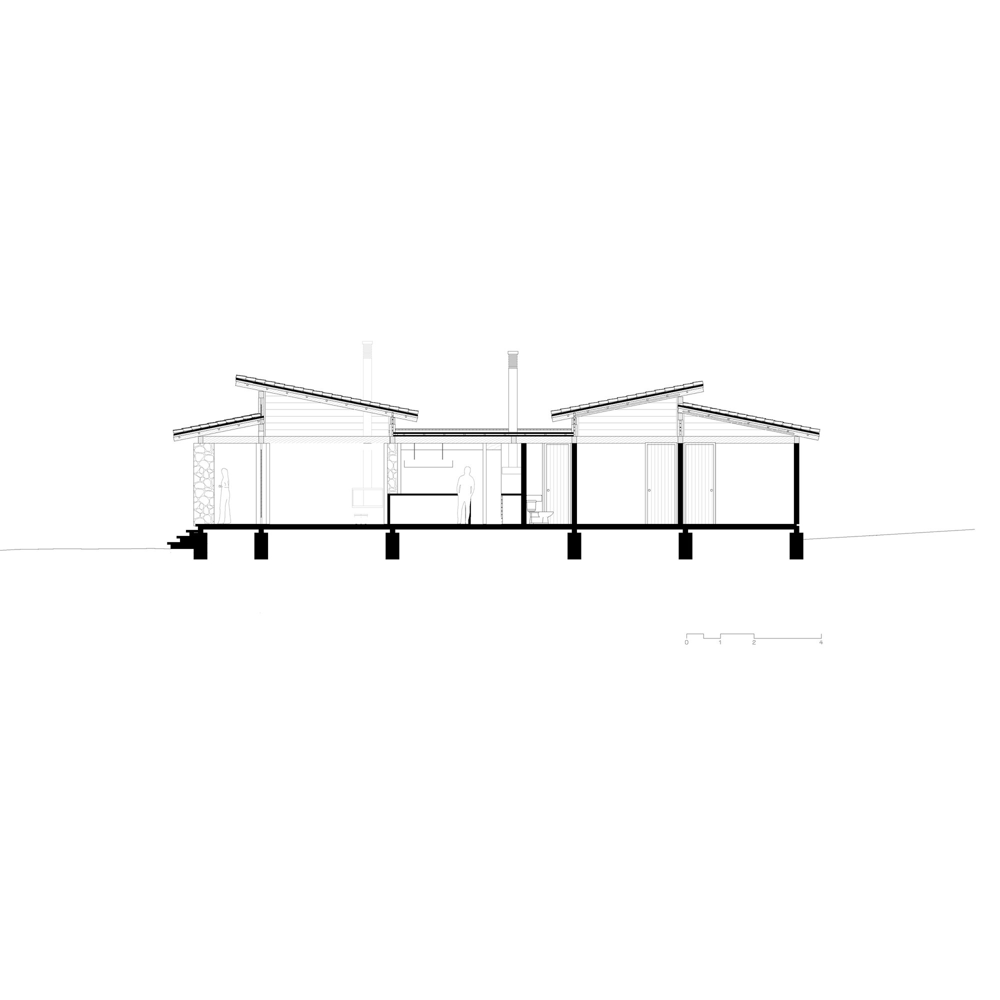 Section drawing revealing sloped roofs, raised floor platform, and central chimney element